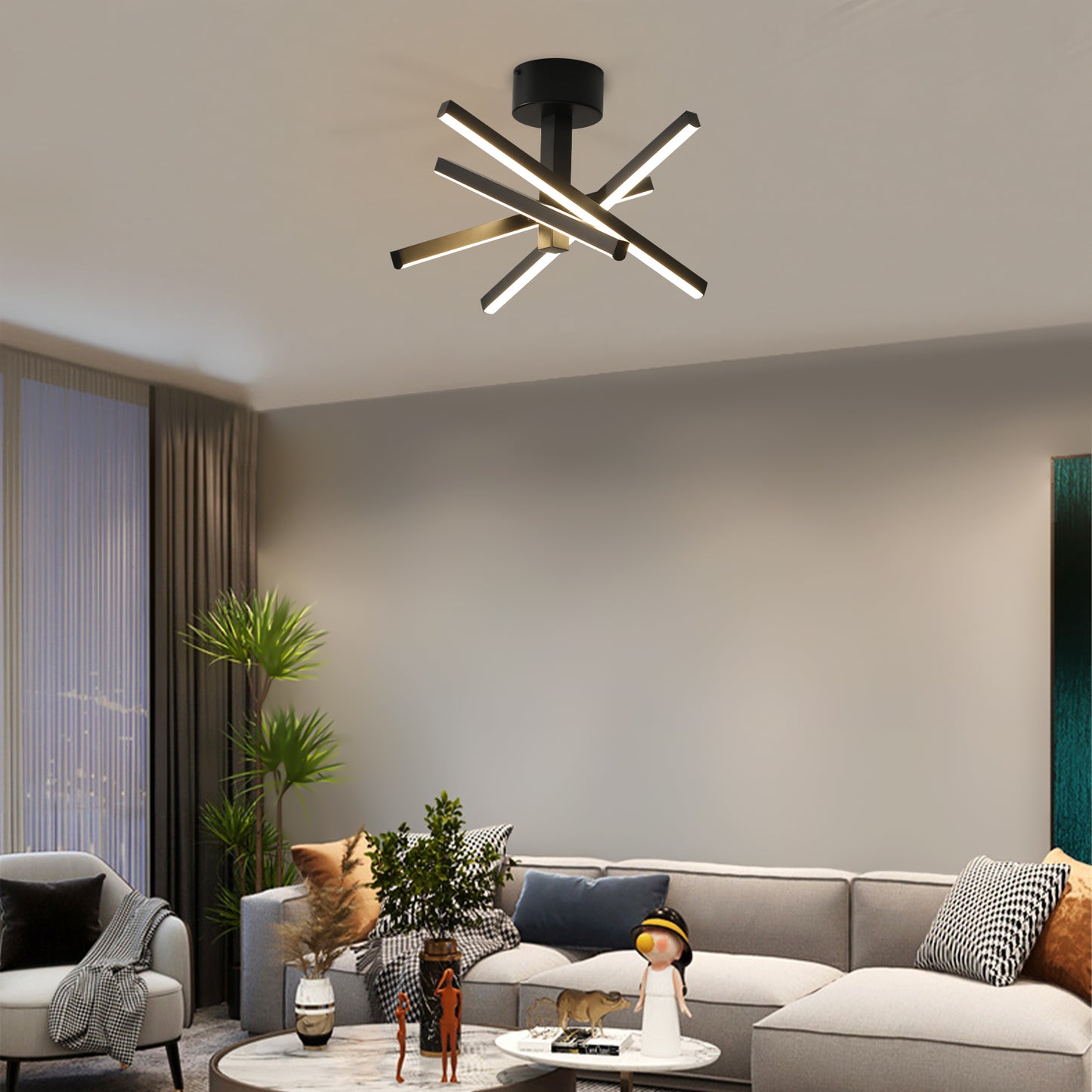 12 Inch LED Ceiling Light - Geometric Starburst Design, Black Finish