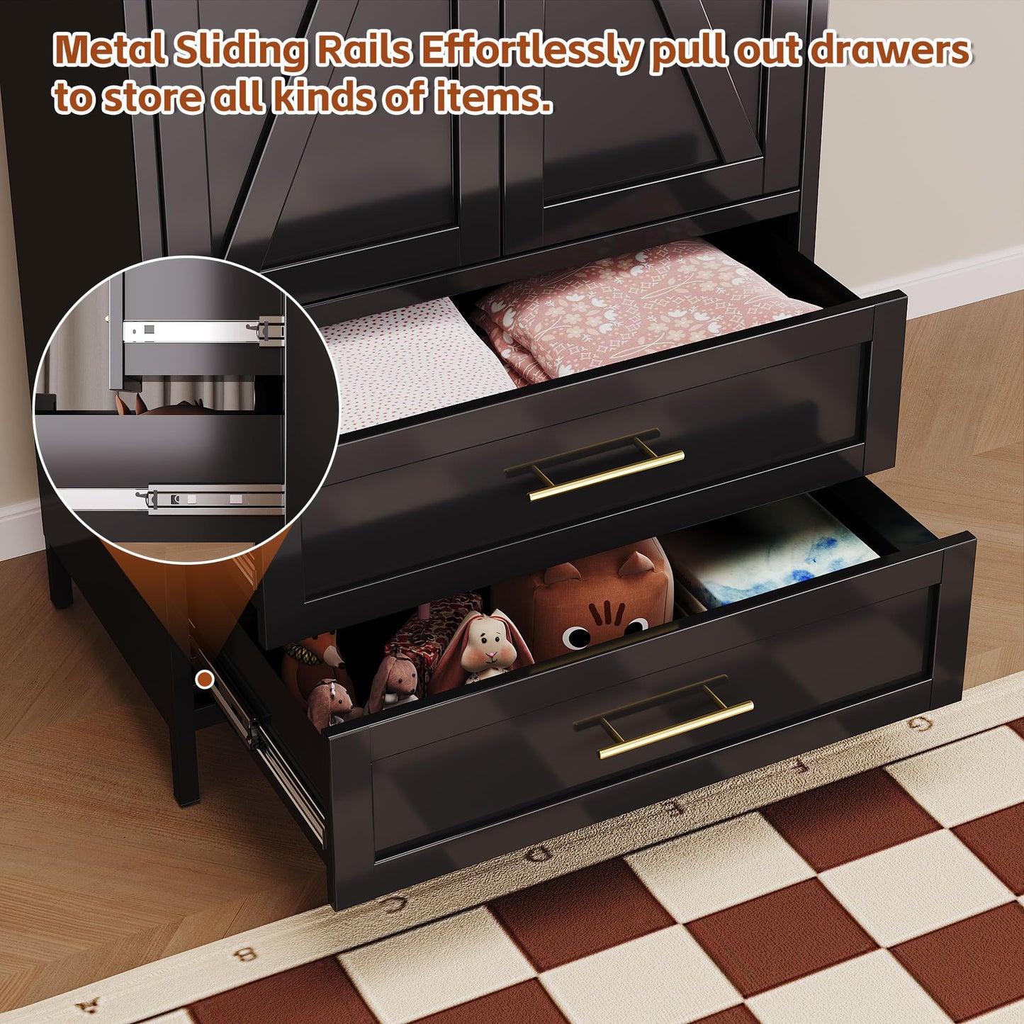 Metal Wardrobe Closet with Doors and 2 Drawers - Black