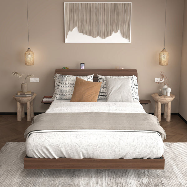 Queen Floating Bed Frame with LED Lights & Charging Station