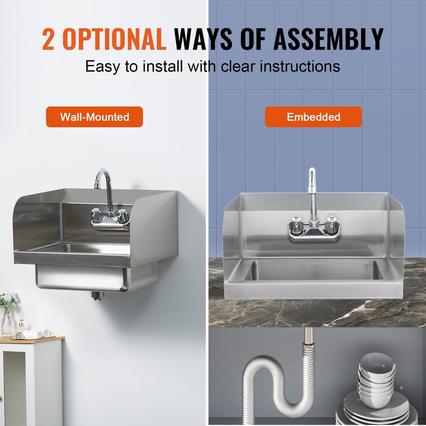 Stainless Steel Hand Sink with Faucet & Side Splash - 17x12.8 Inch