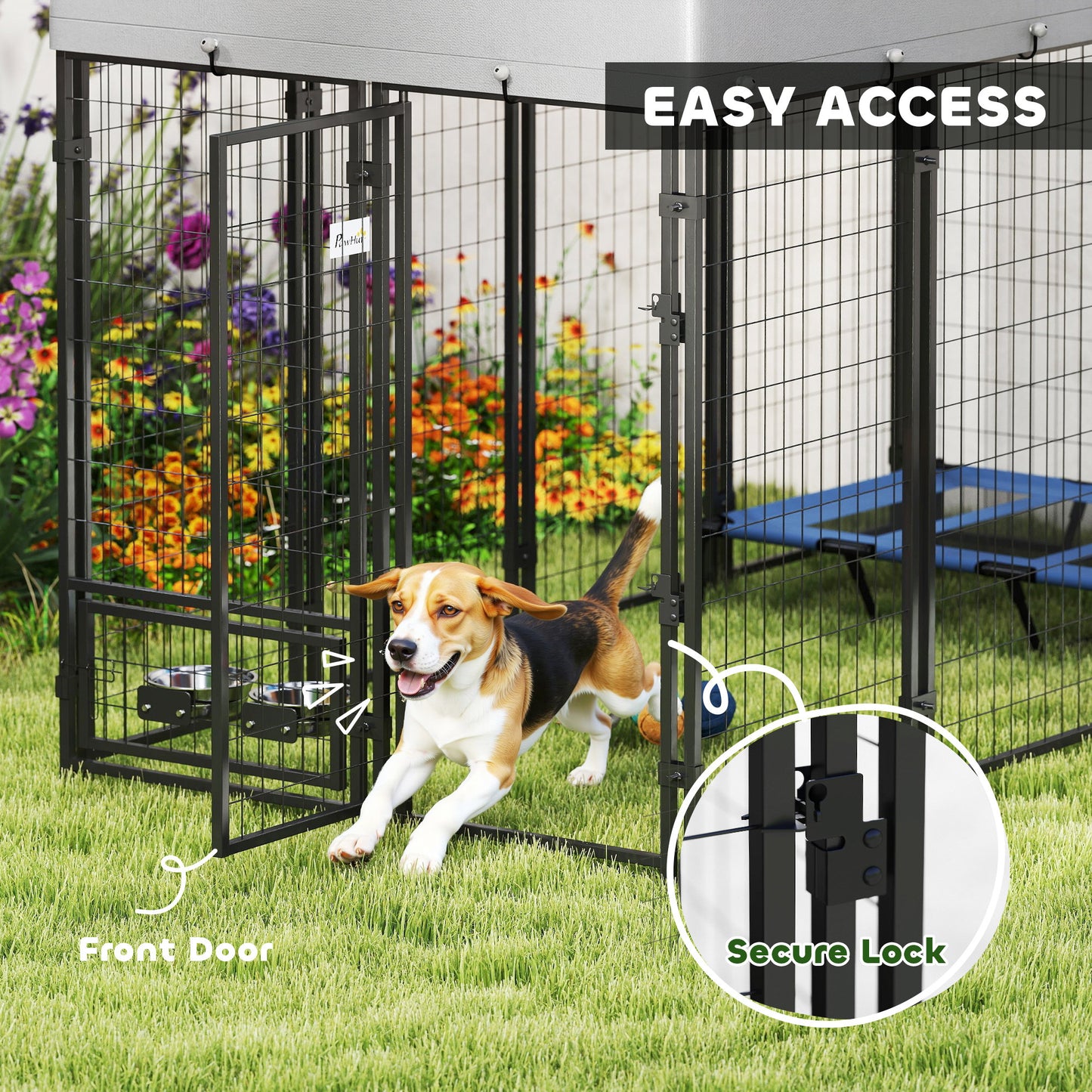 Outdoor Dog Kennel - Large Steel Pet Run with Cover, Lockable Gate
