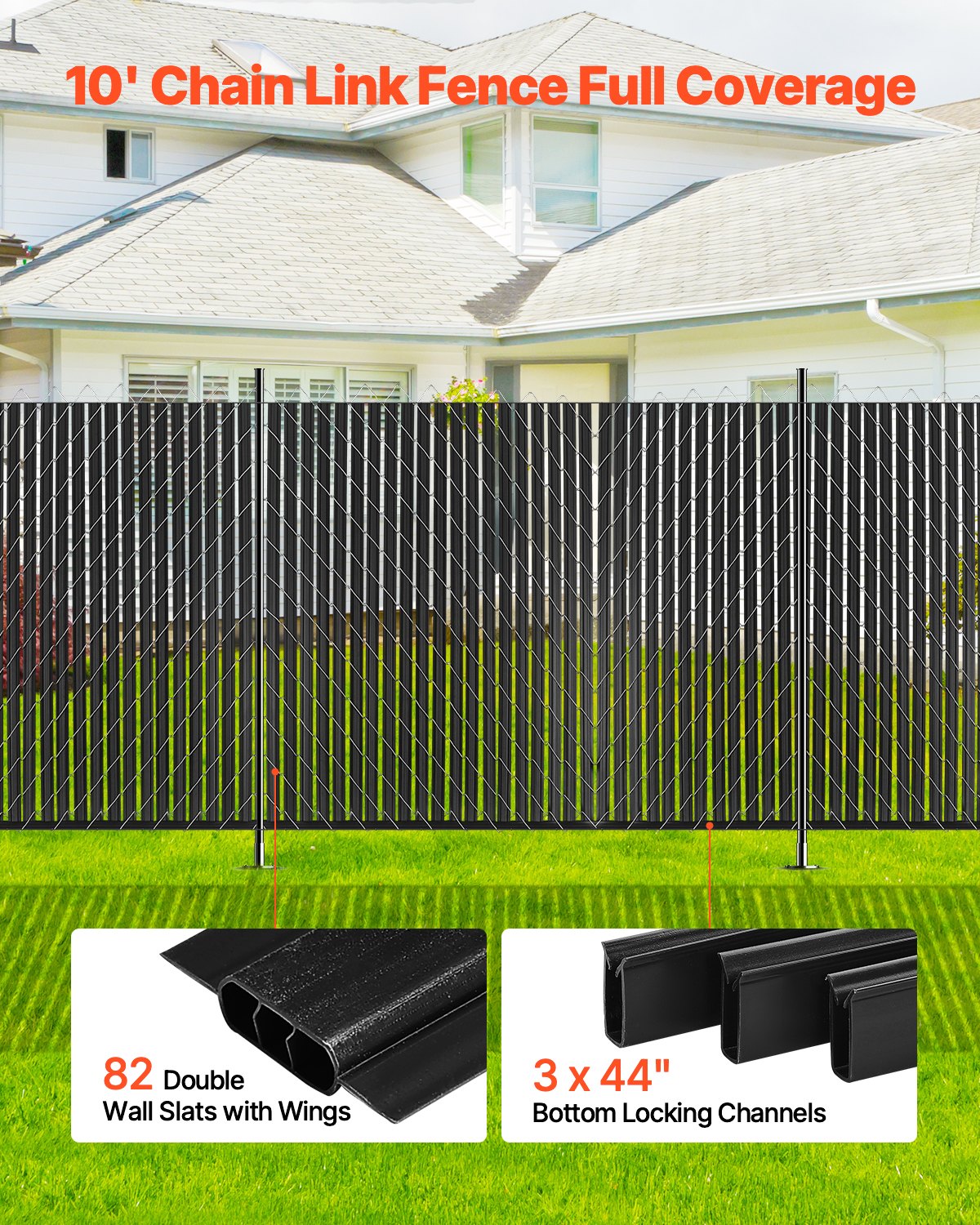 Black Chain Link Fence Privacy Slats for 8ft High Fence - Double-Wall with Wings