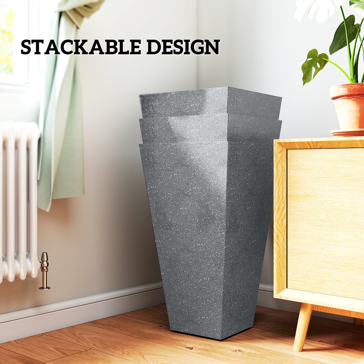 28-Inch Tall Plastic Planters Set of 3 with Marble Finish and Drainage Holes