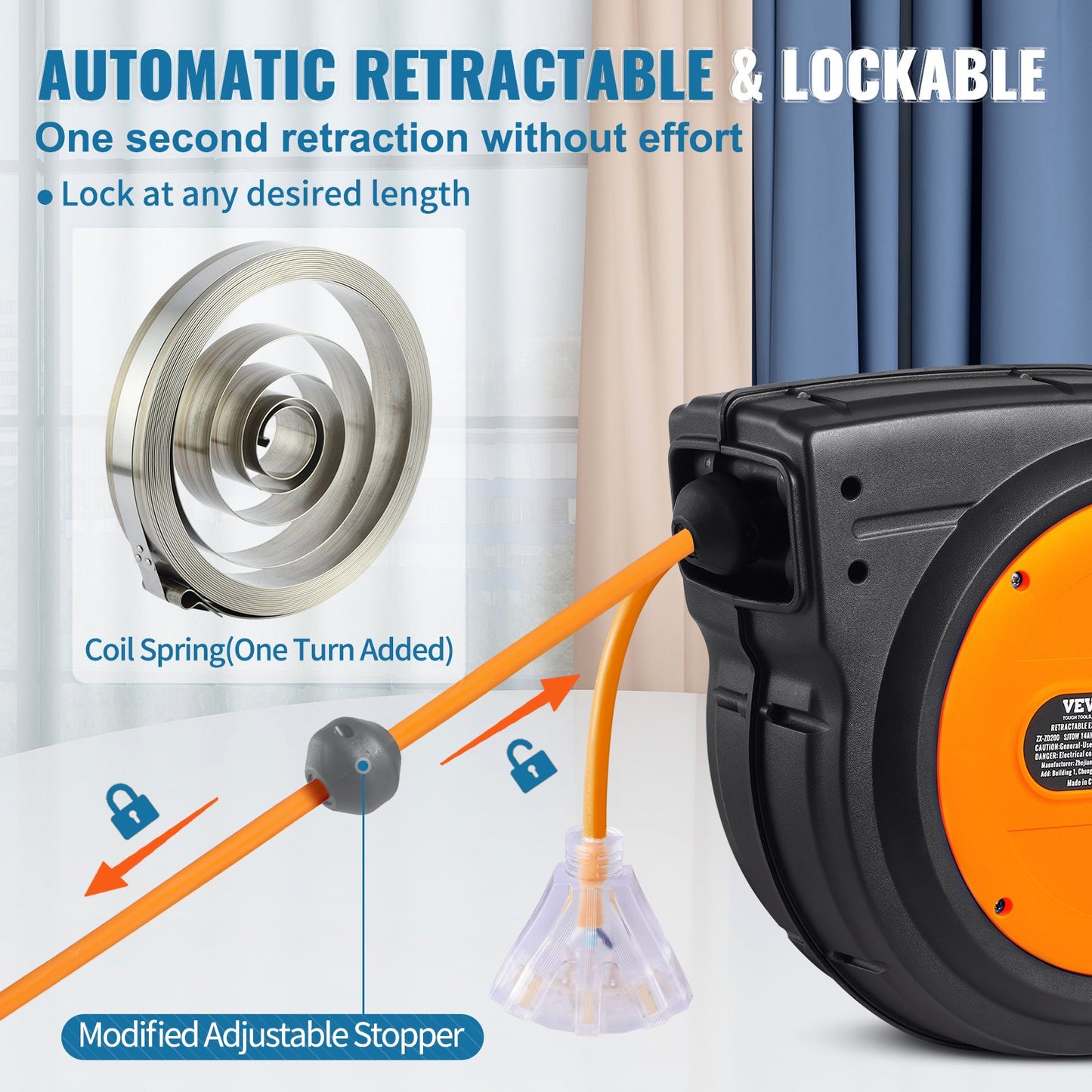 75FT Retractable Extension Cord Reel with 3-Outlets, Water-Resistant Power Cord