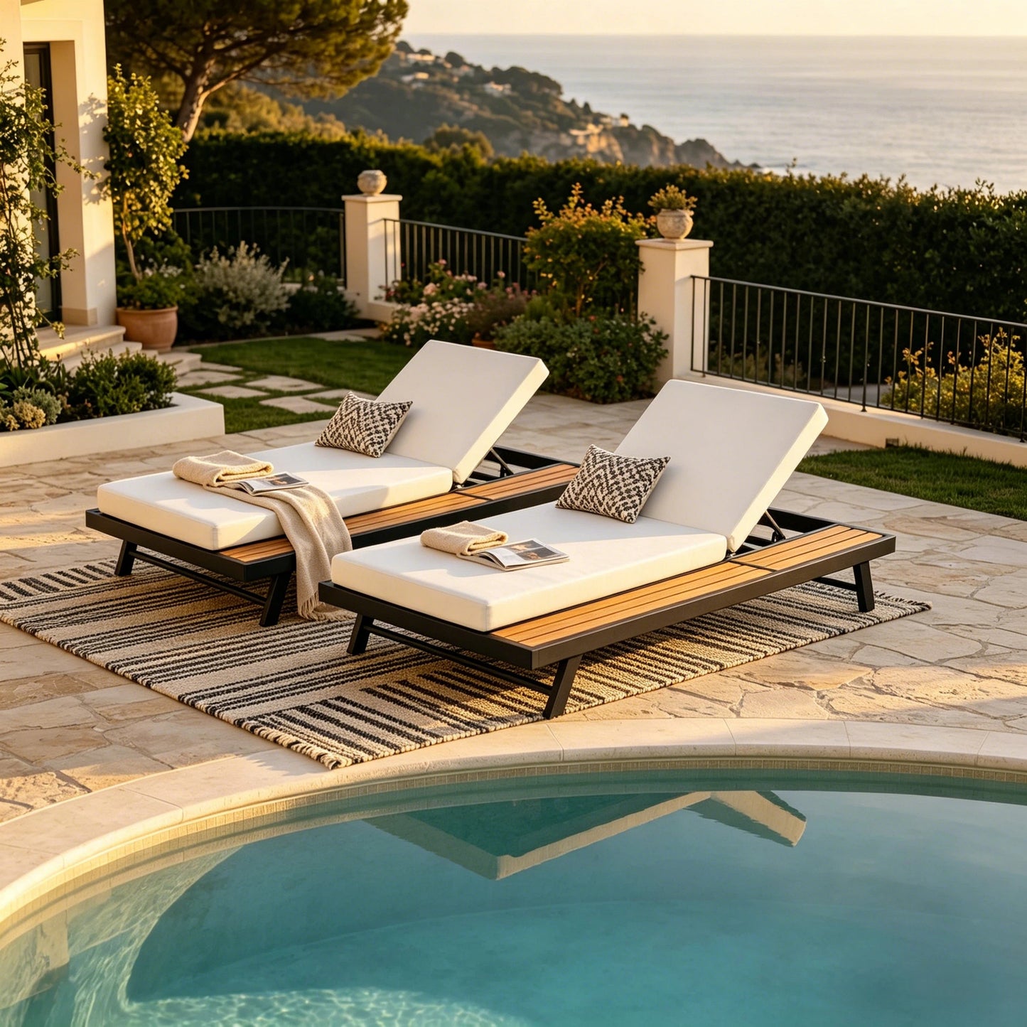Chaise Lounge Set - Black Iron & Teak Finish with Cream Cushion