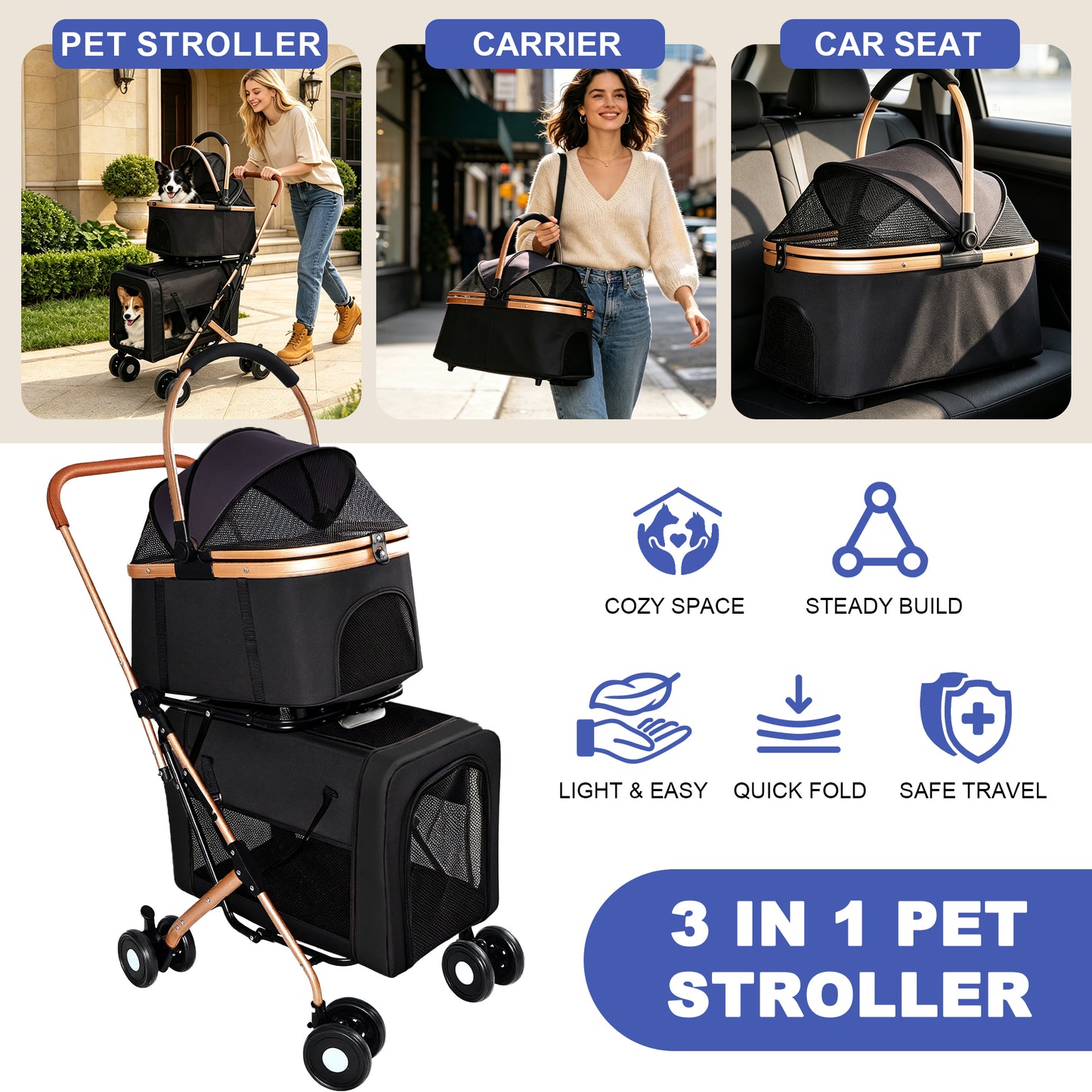Double Pet Stroller 3-in-1 Foldable Carrier for Small & Medium Dogs Cats - Shockproof Wheels & Safety Leashes