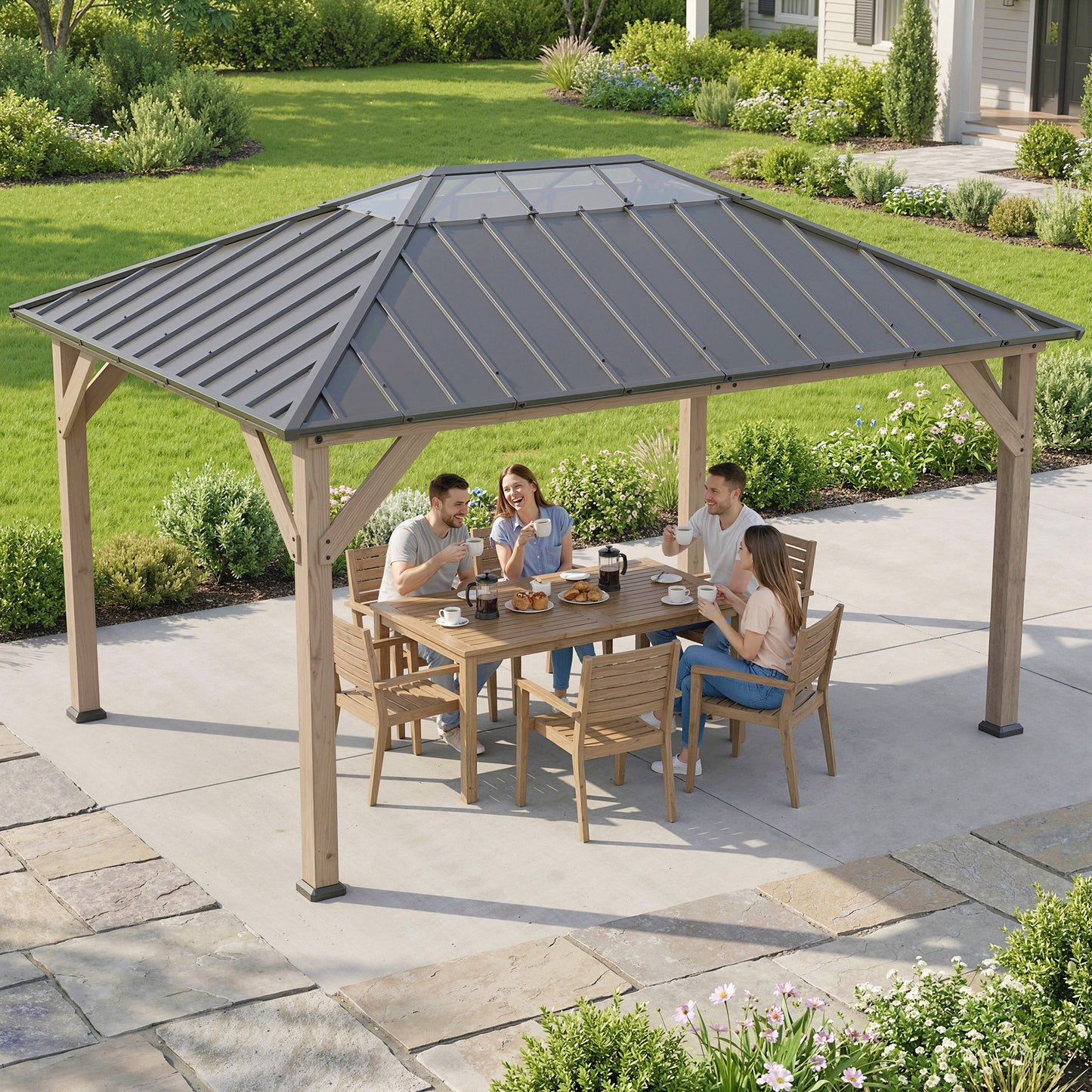 12' x 16' Hardtop Gazebo with Galvanized Steel Roof - Light Walnut