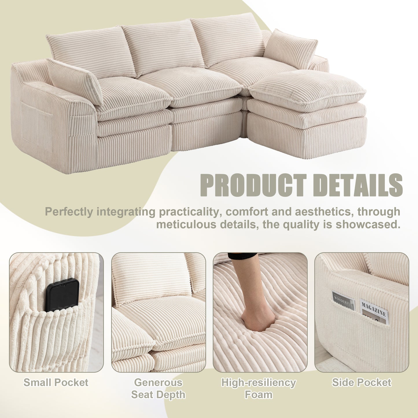 Beige L Shaped Modular Sectional Sofa with Footstool & Pillows