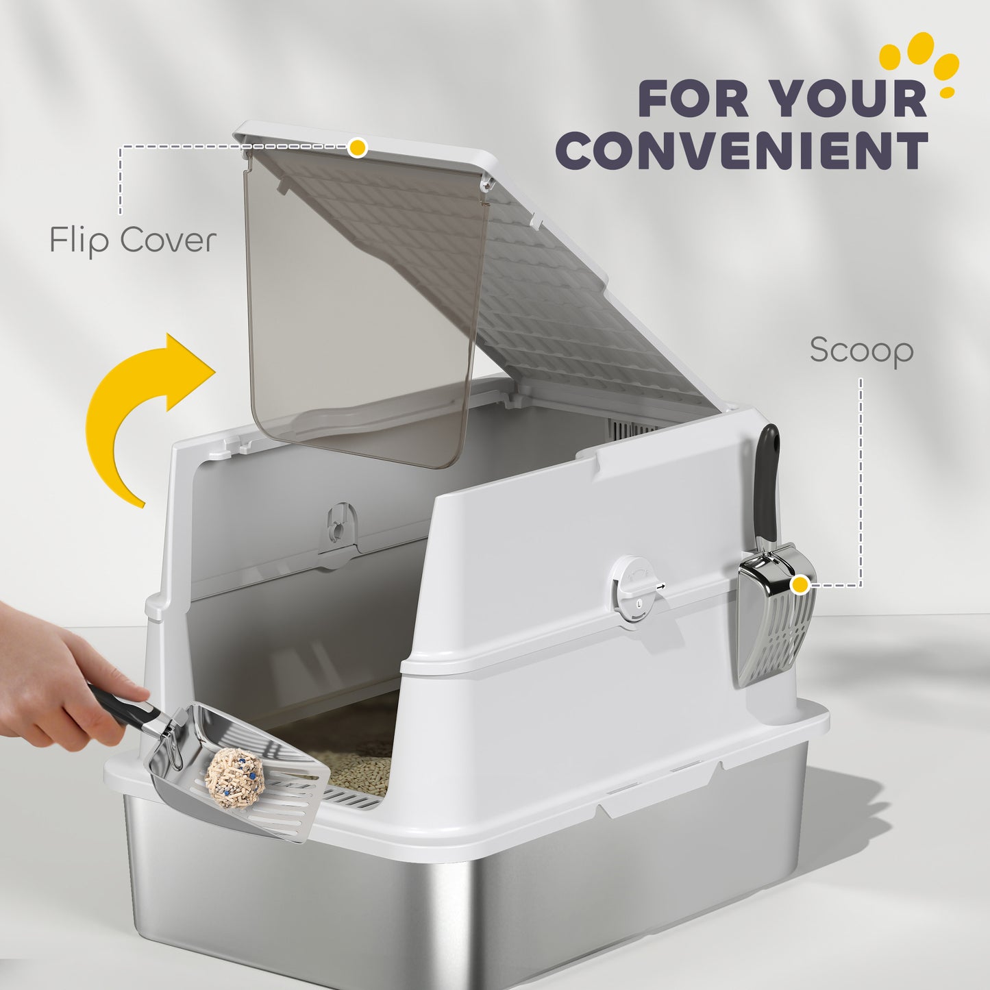 Large Stainless Steel Cat Litter Box with Flip Cover & Scoop - Extra Large Enclosure