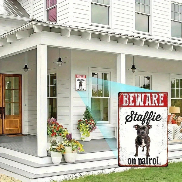Vintage Metal Sign - Beware Staffie On Patrol - 8x12 Inch