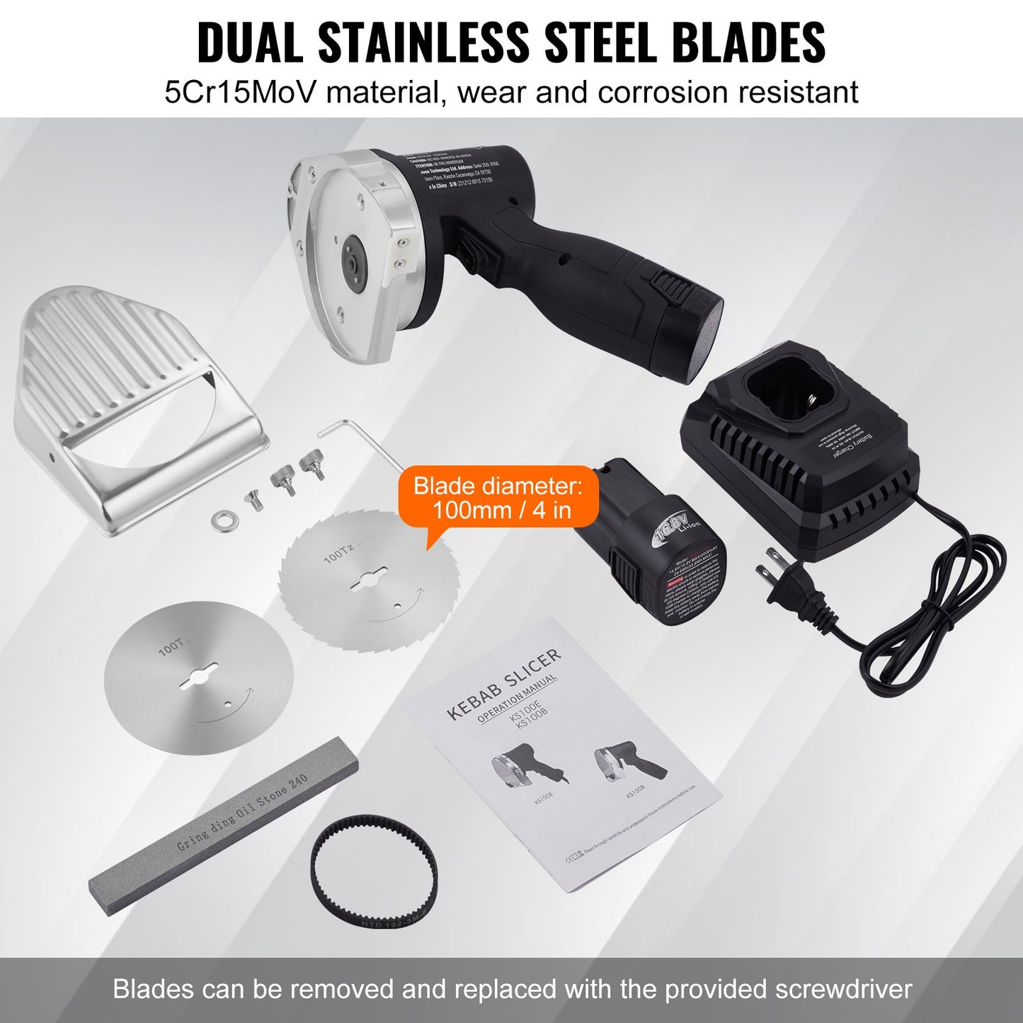 Electric Shawarma Knife 80W Cordless Kebab Meat Slicer with 2 Blades & Adjustable Thickness