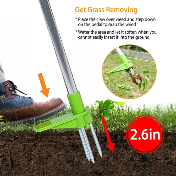 Stand-Up Weeding Tool with 3 Claws and Foot Pedal - Long Aluminum Handle for Root Removal