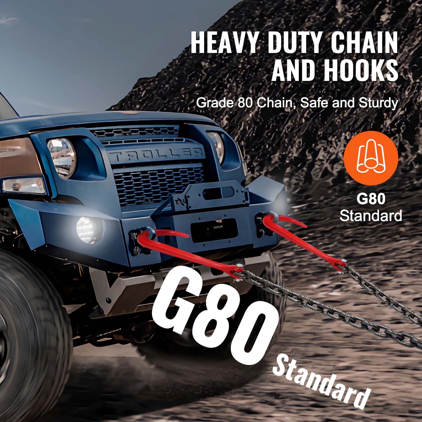 G80 Tow Chain with V Hook - Heavy Duty 3/8 Inch, 3 Feet, 15600 Lbs Capacity
