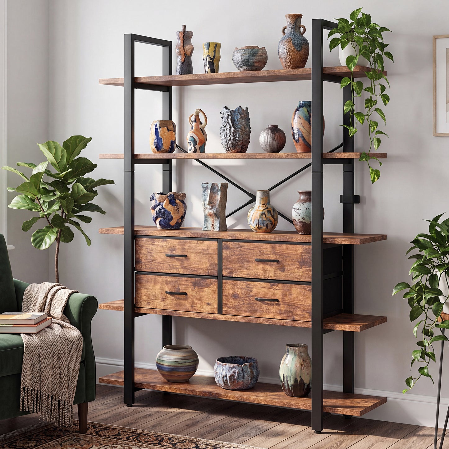 Industrial 5-Tier Bookshelf with 4 Drawers - Rustic Brown