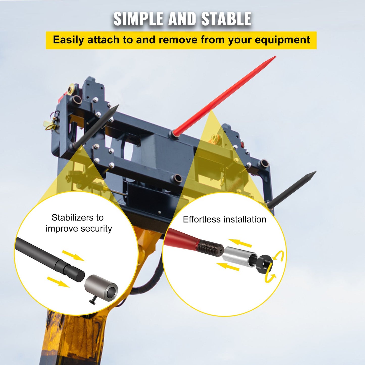 49-Inch Hay Bale Spear with 3000lb Capacity - Quick Attach Square Hay Forks
