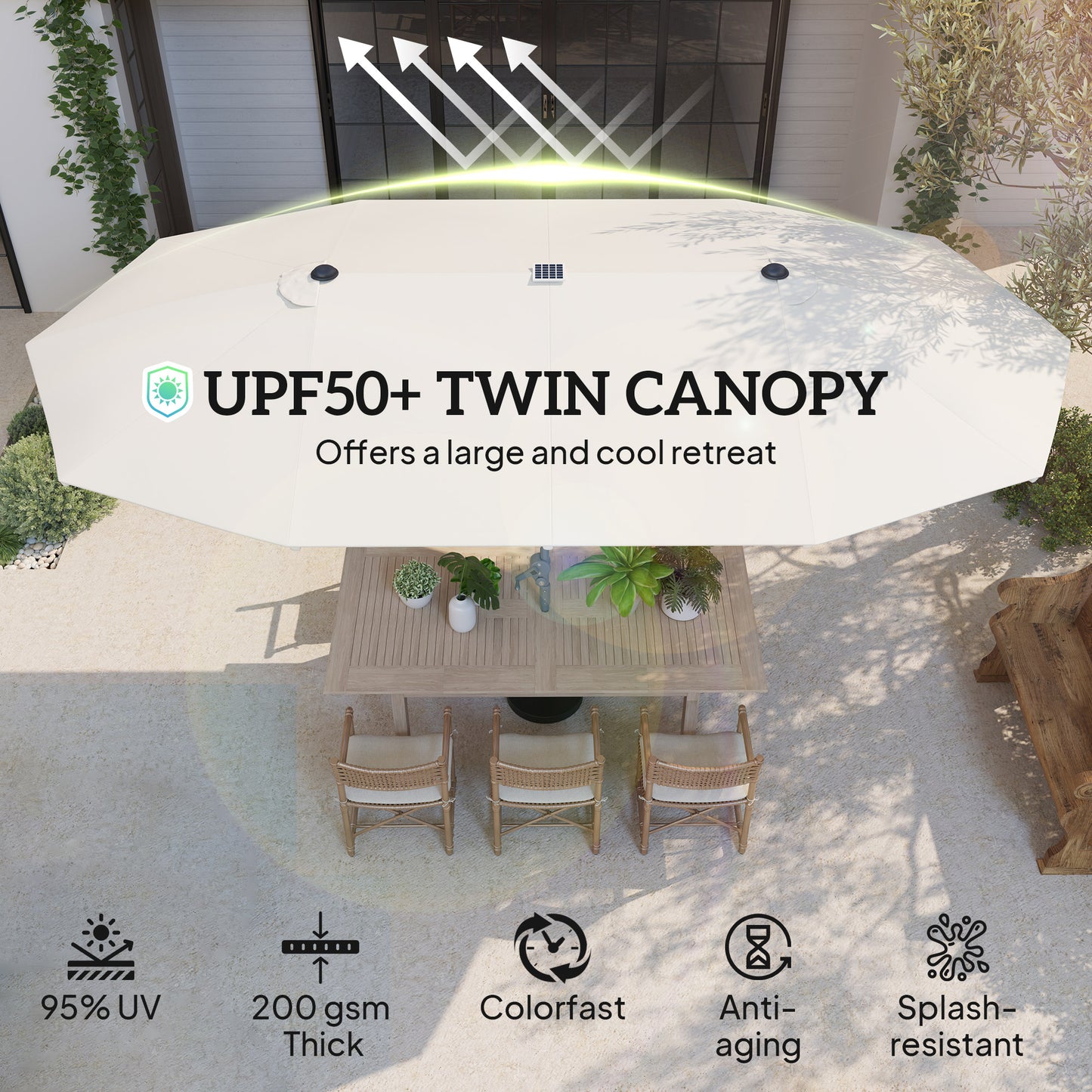 15ft Double-Sided Patio Umbrella with Solar Lights - Cream White