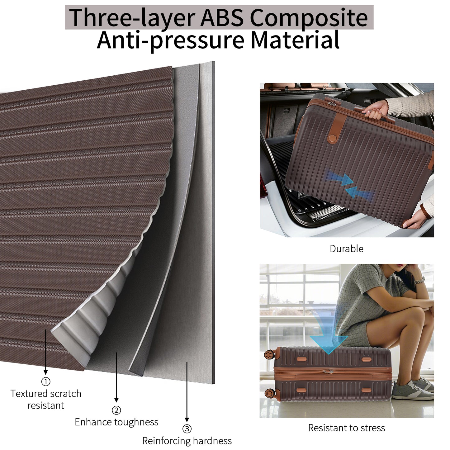 4-Piece Lightweight ABS Hard Shell Luggage Set with Packing Cubes - Brown