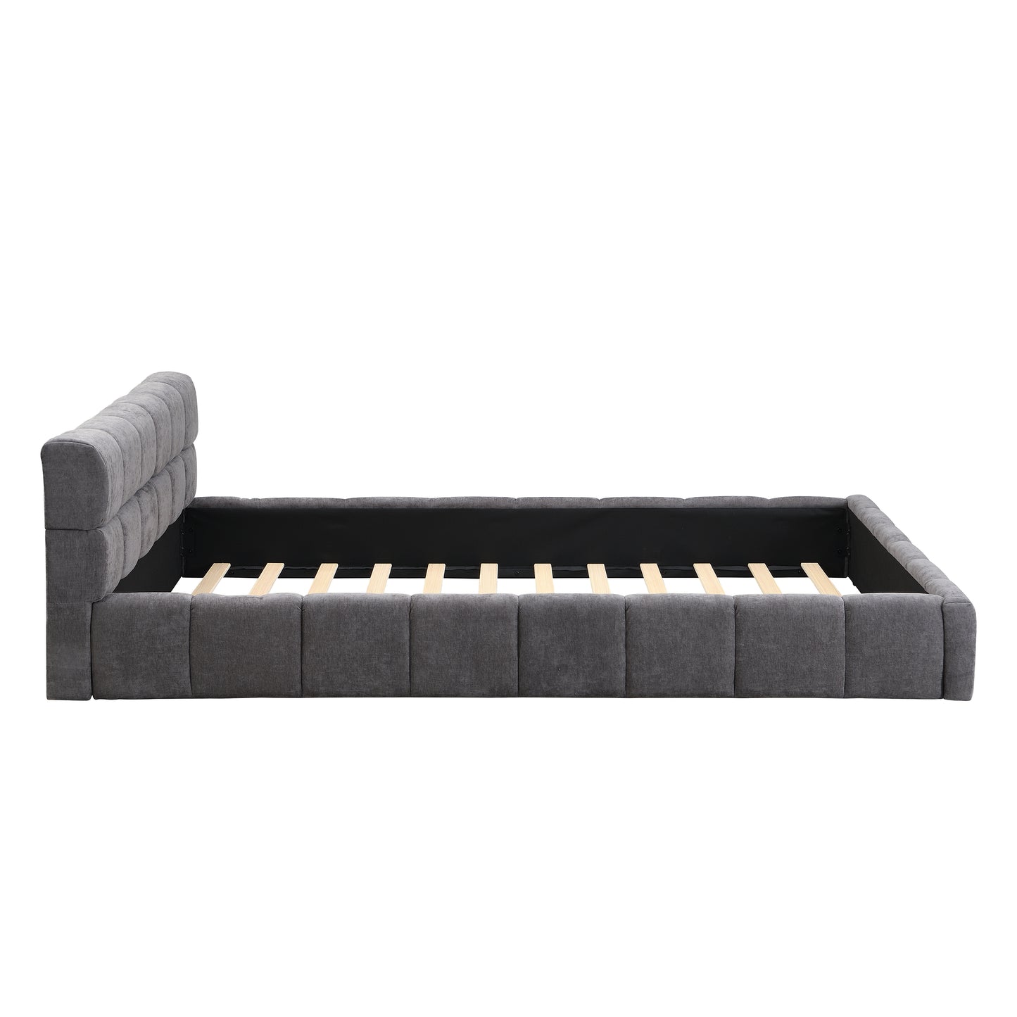 Queen Grey Chenille Upholstered Bed with Checkerboard Design