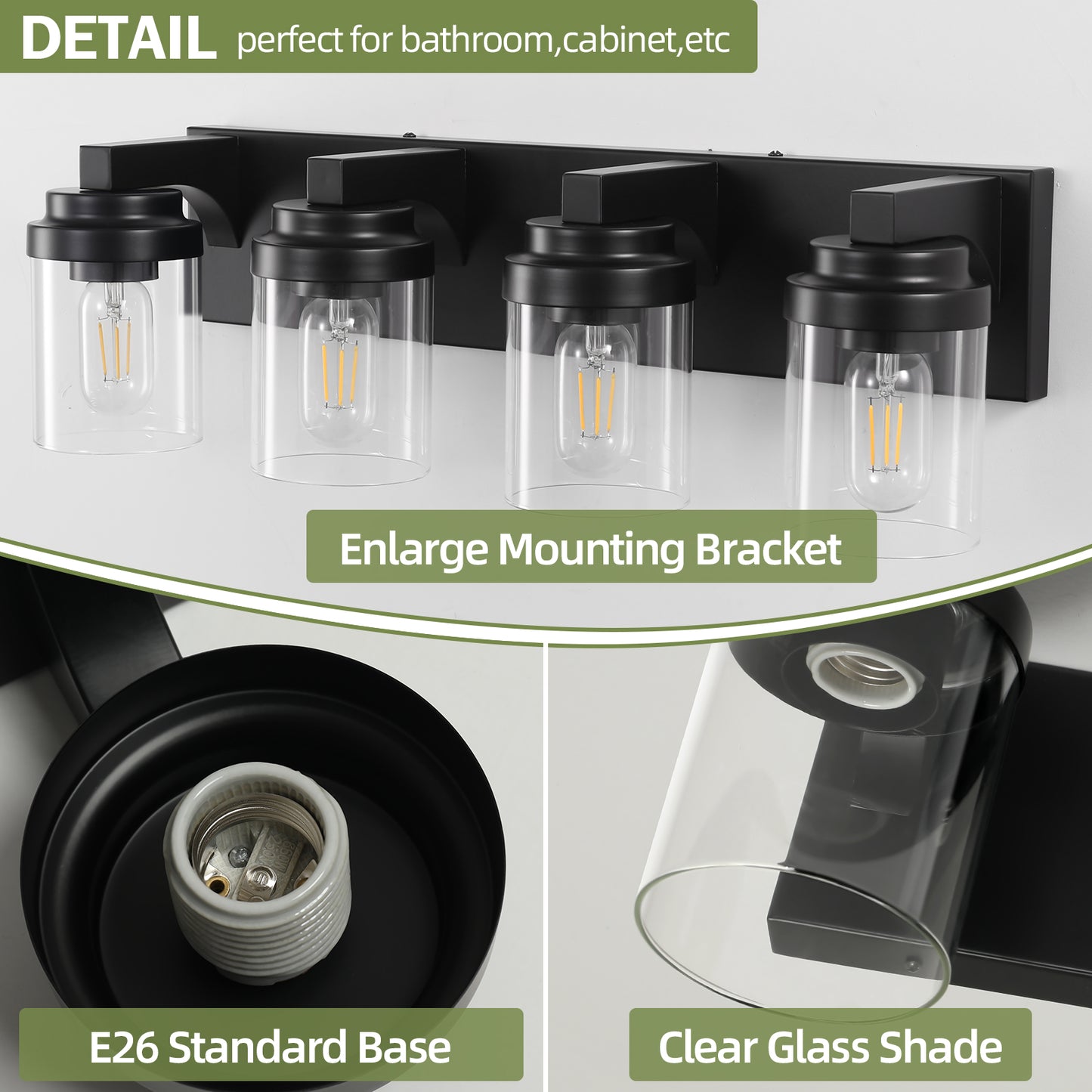 4-Light Matte Black Bathroom Vanity Light with Clear Glass Shades