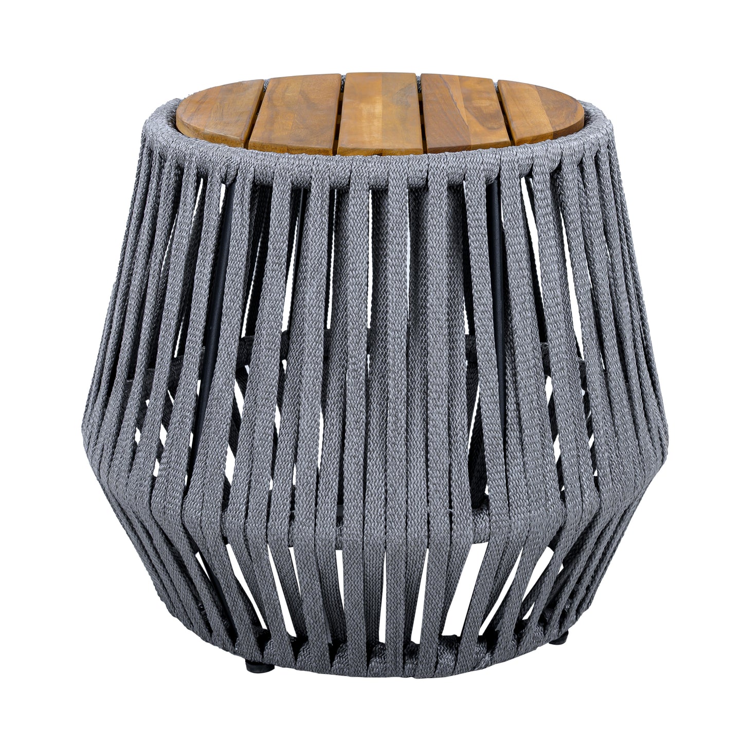 Outdoor Side Table with Acacia Wood & Grey Rope - Teak Finish