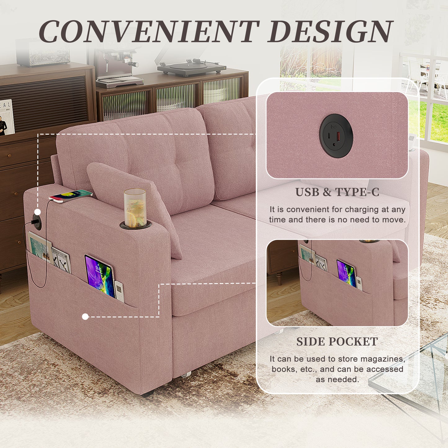 Modern 3-Seater Sofa with USB Charging & Storage - Pink