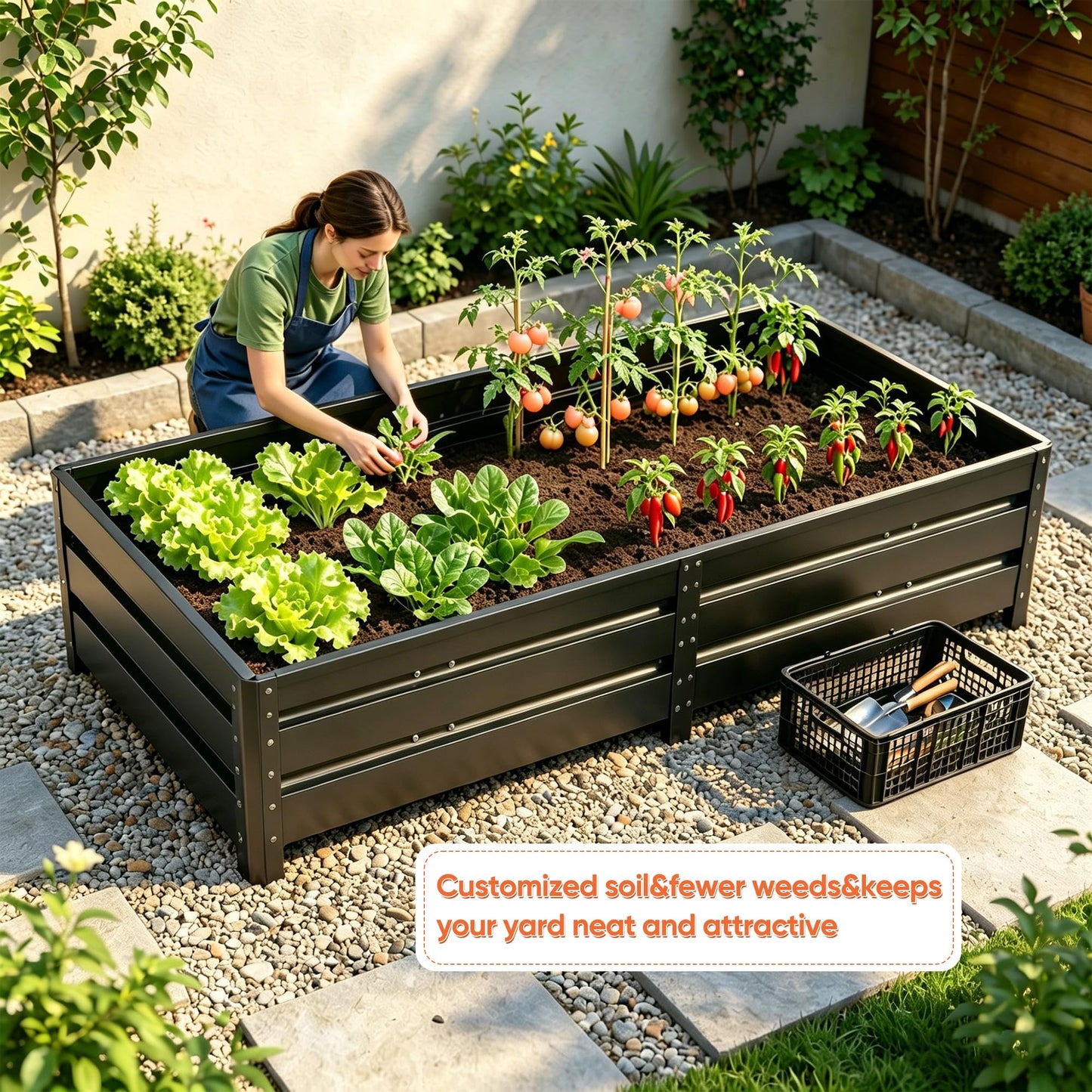 Large Metal Raised Garden Bed with Support Poles - Deep Root Vegetable Planter, 207 Gallon, Black