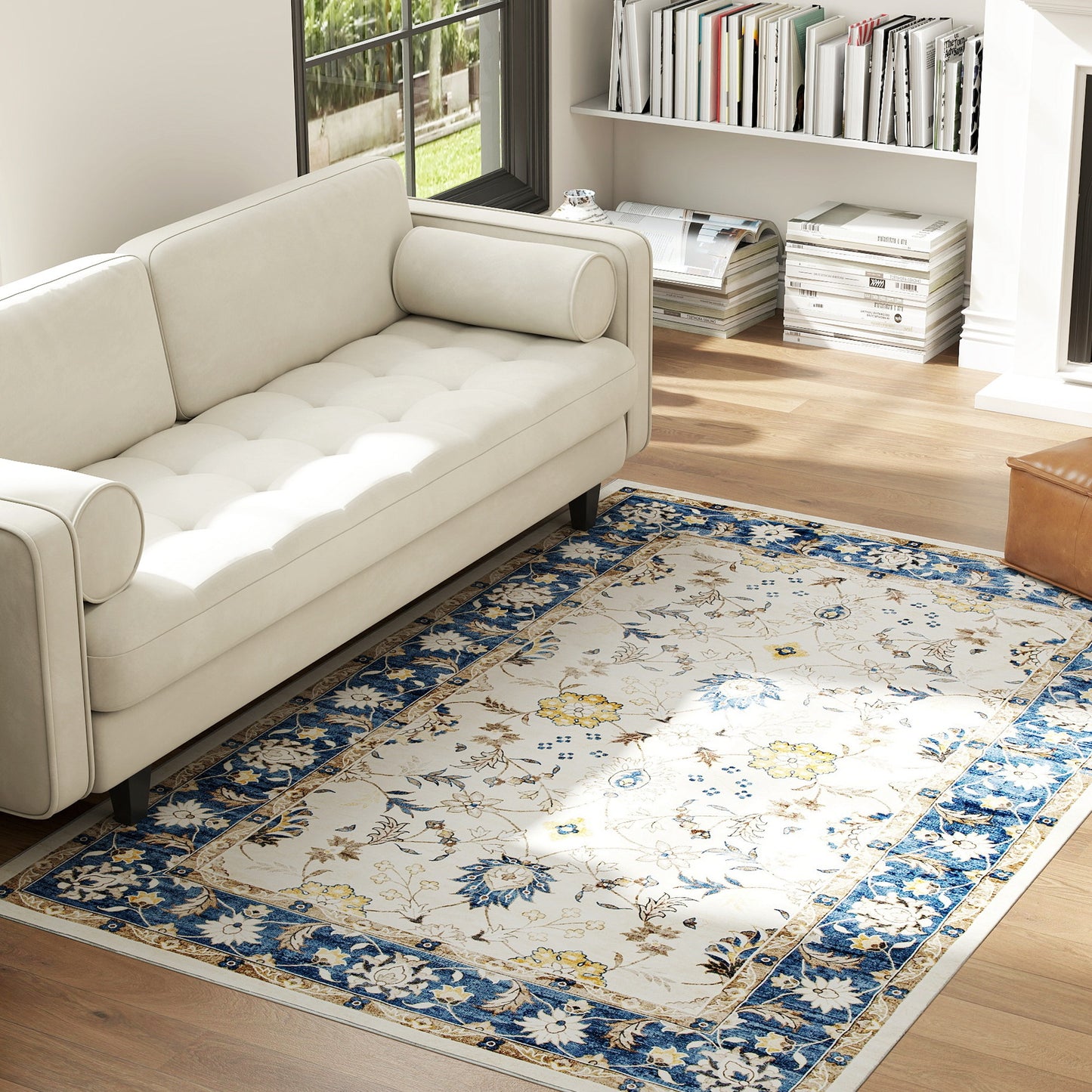 Machine Washable Non-Slip Area Rug 4x6 - Boho Floral Print, Blue