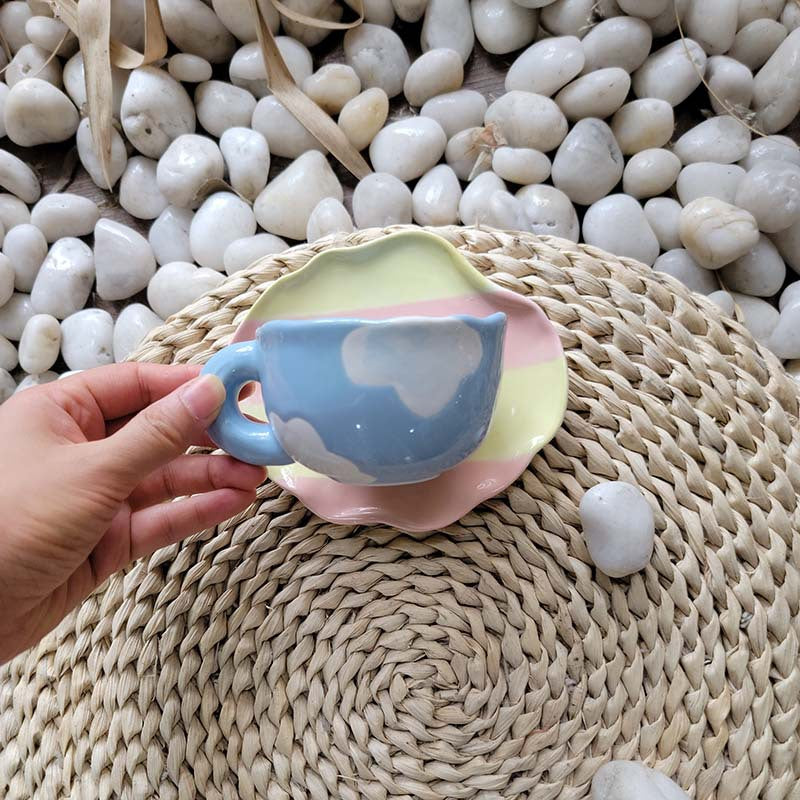 Hand Painted Blue Sky & Cloud Coffee Cup and Saucer - Porcelain Drinkware