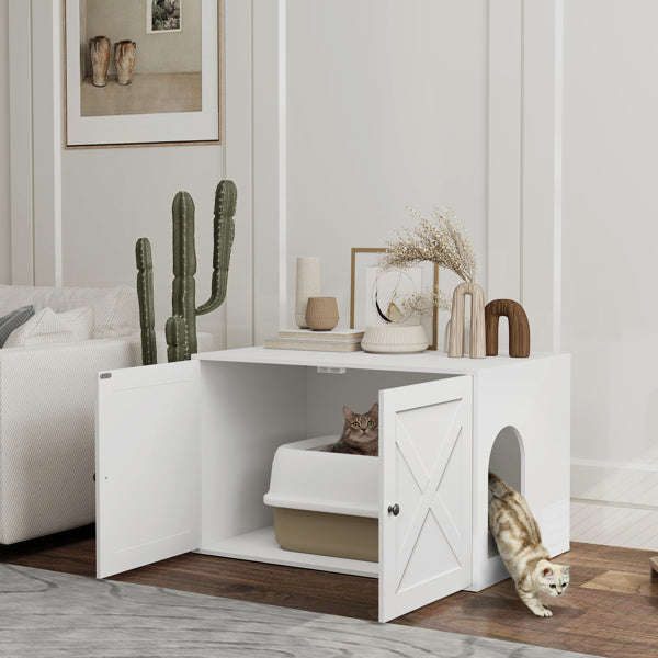 Wooden Cat House with Litter Box Enclosure and Storage - White
