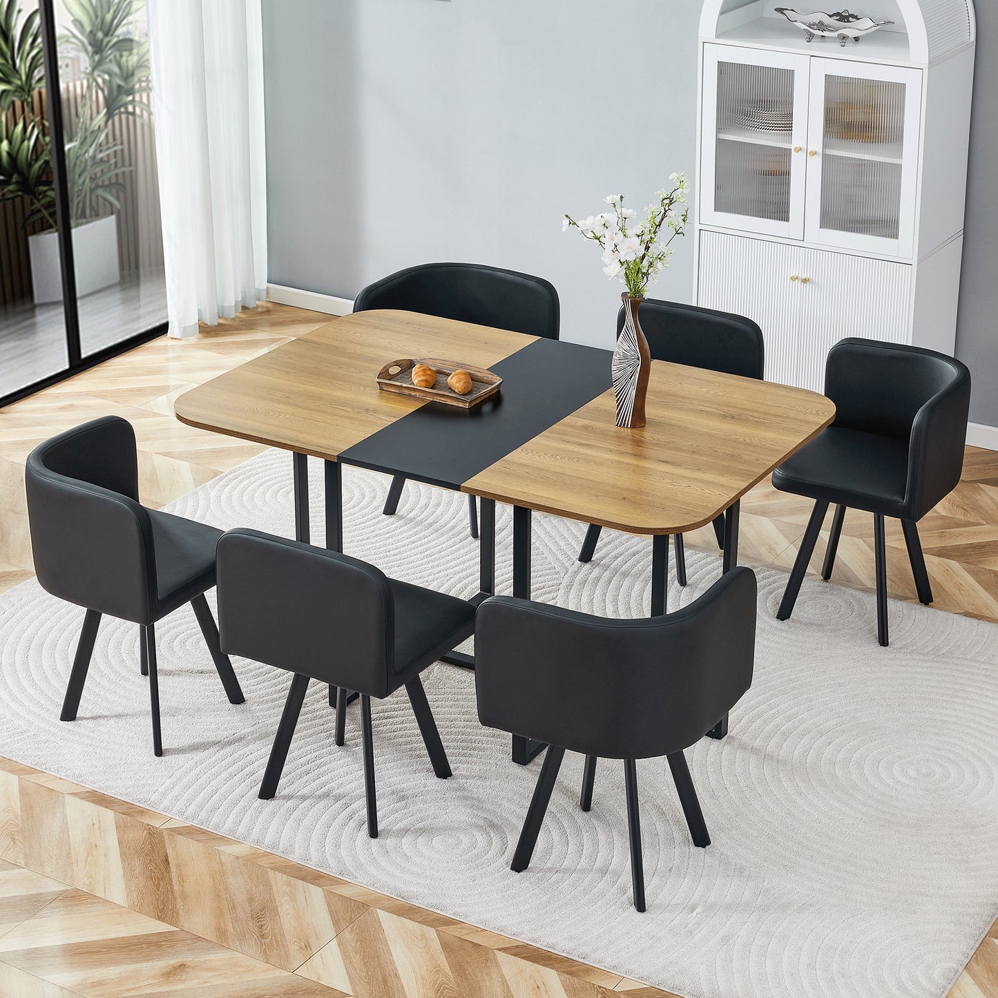 7-Piece Dining Table Set for 6 - Black PU Upholstered Chairs