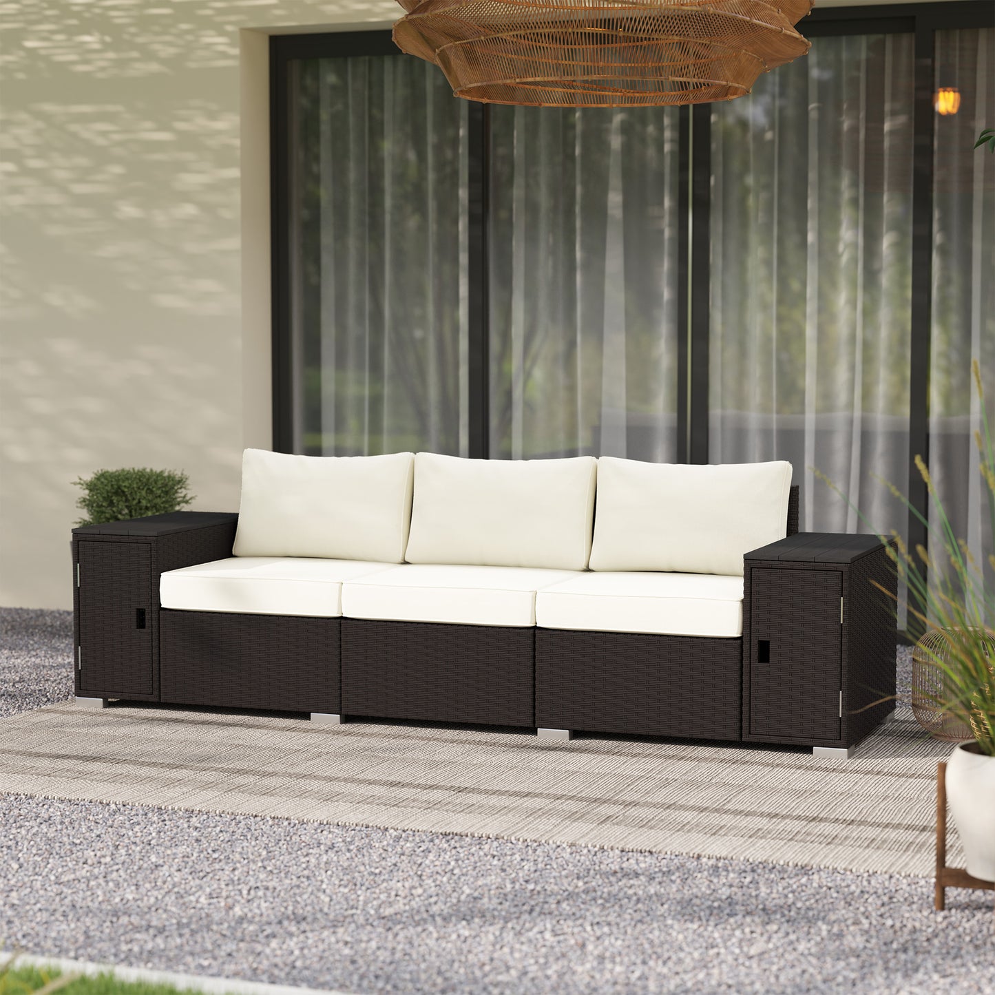 Outdoor 3-Seater Wicker Patio Sofa with Storage & Cushions - Cream White