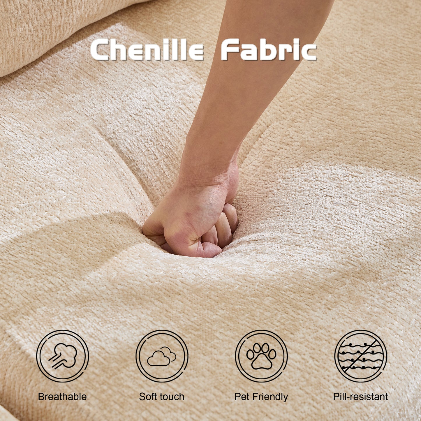 Convertible Compression Sofa Bed - Beige Chenille Fabric