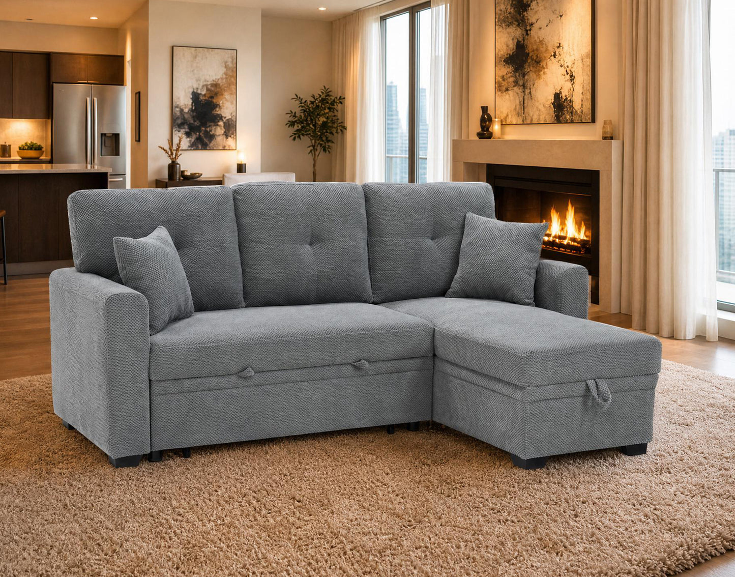Light Gray Sectional Sofa Bed with Reversible Chaise & Storage