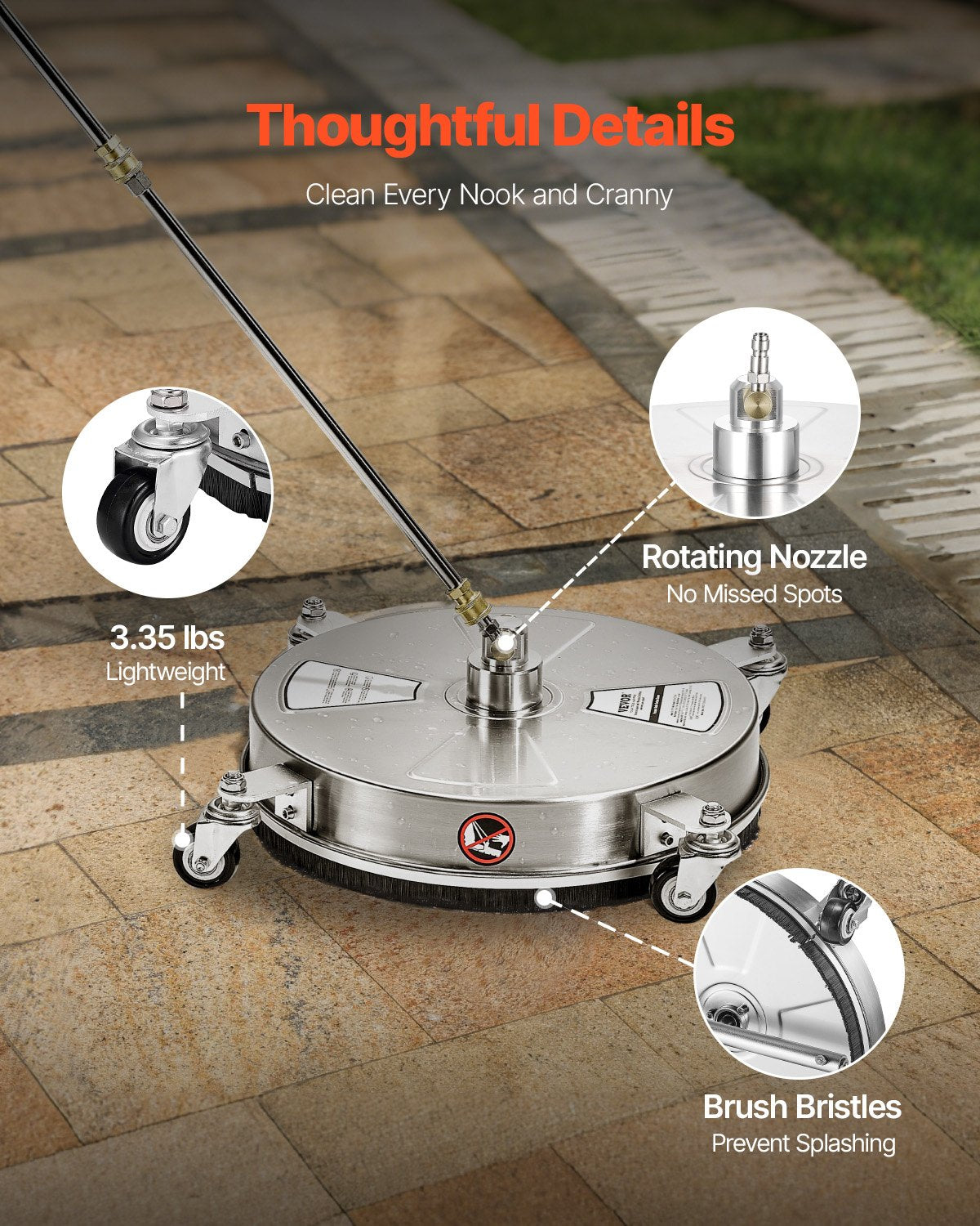 16.5-Inch Pressure Washer Surface Cleaner 4000 PSI Stainless Steel with 4 Wheels