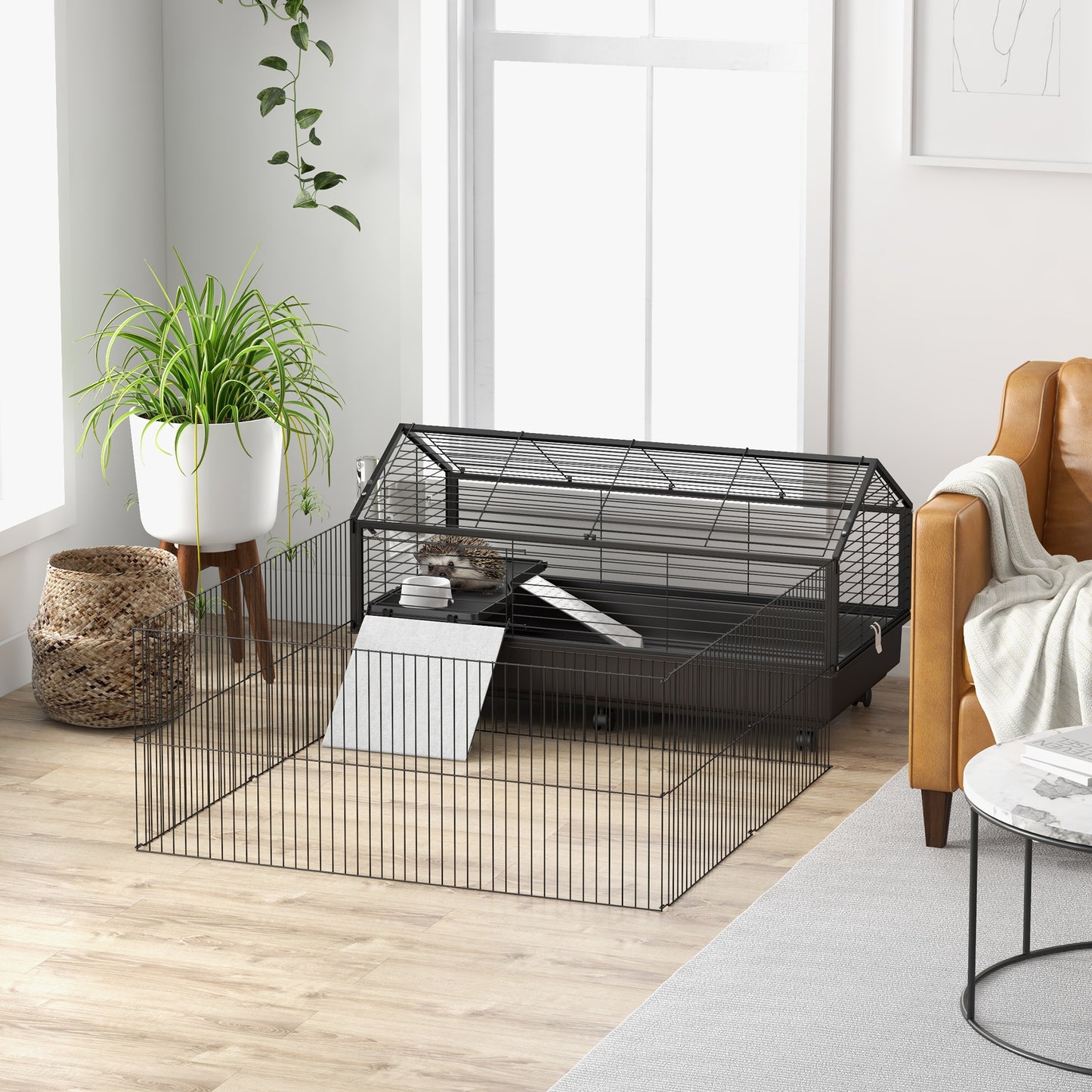 Small Animal Playpen Cage with Wheels and Water Bottle - 46.5 Inches