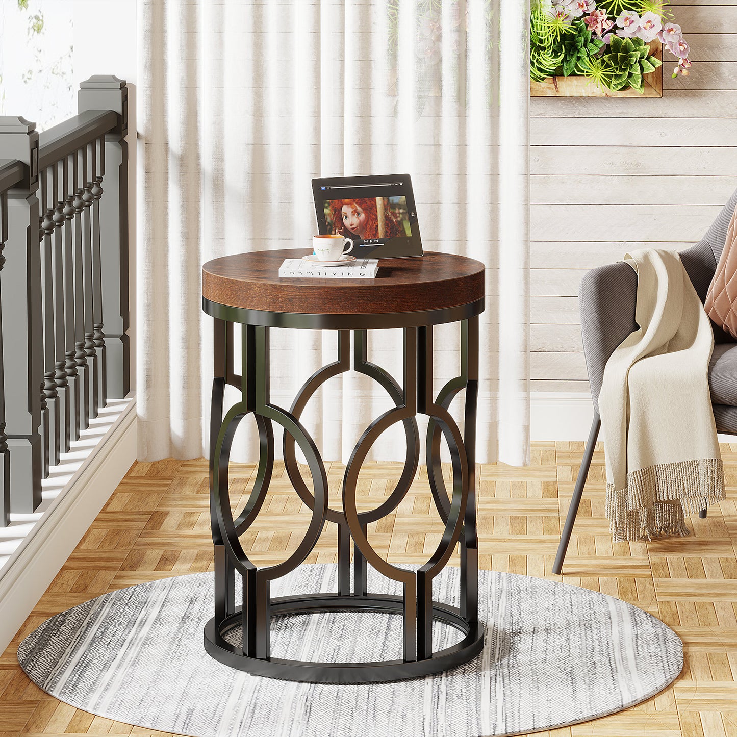 Industrial Metal Openwork Side Table - Modern Minimalist Home Decor 45x45x60cm Beige
