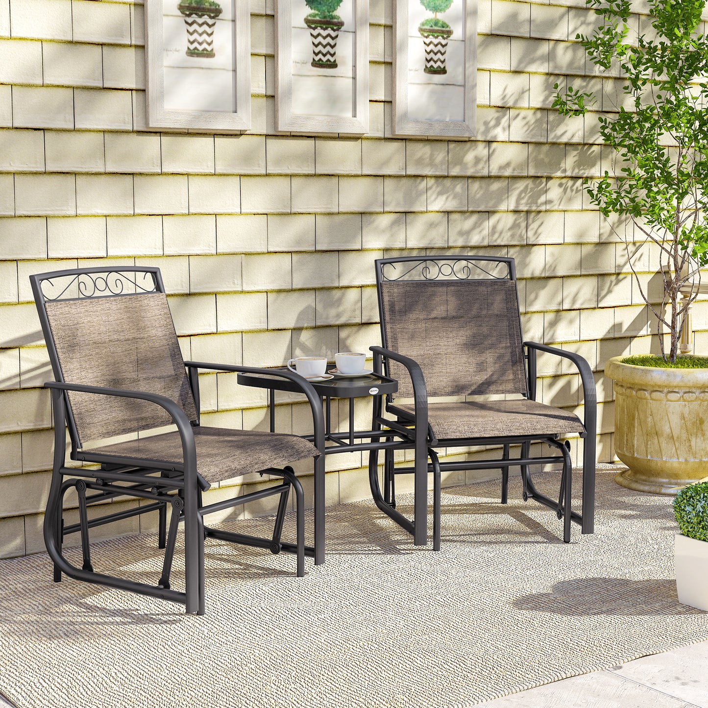 Outdoor Glider Chairs with Coffee Table - Brown 2-Seater Rocking Chair
