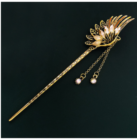 Feather Rhinestone Vintage Hanfu Hairpin with Tassel Coil