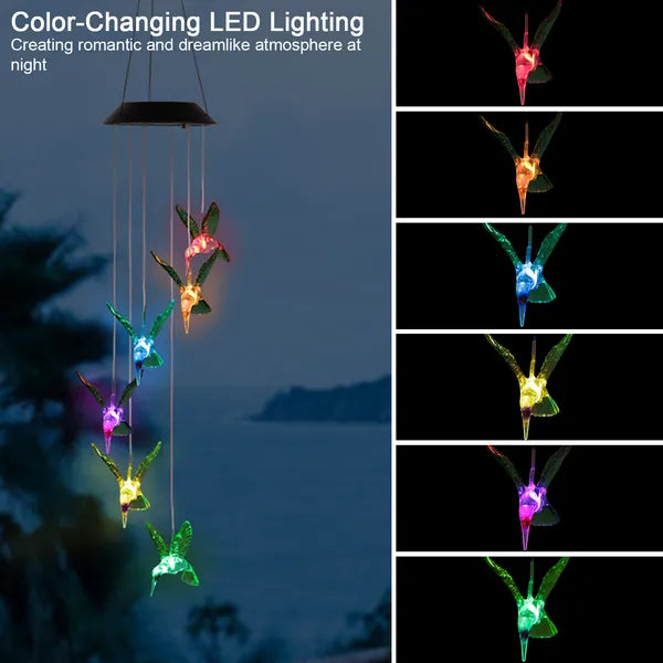 Solar Wind Chime String Lights with Hummingbirds, Color-Changing, Waterproof