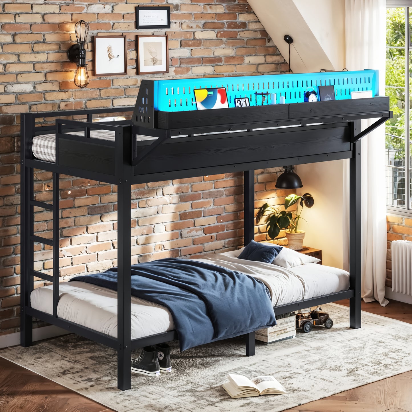 Twin XL Metal Bunk Bed with Storage Shelves & USB Ports - Black