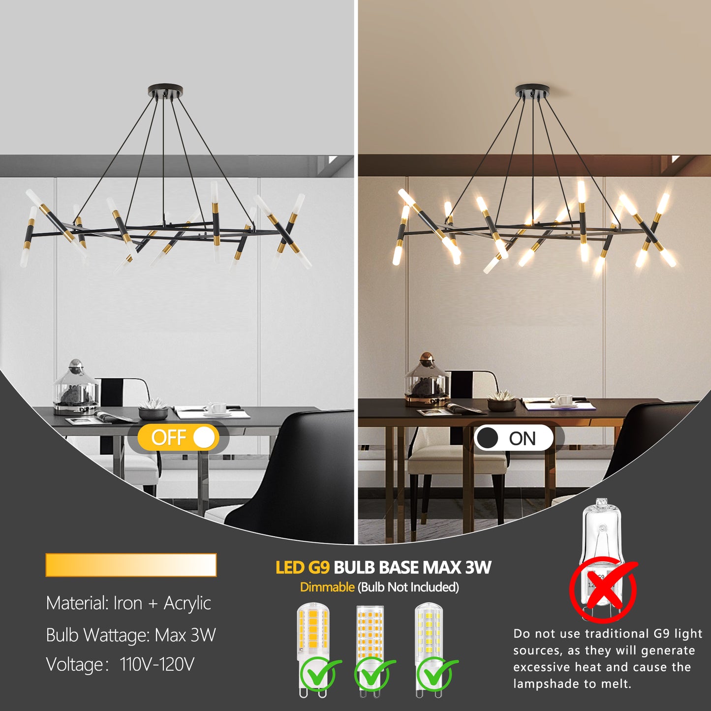 Modern Black & Gold Chandelier Light Fixture - Adjustable Pendant