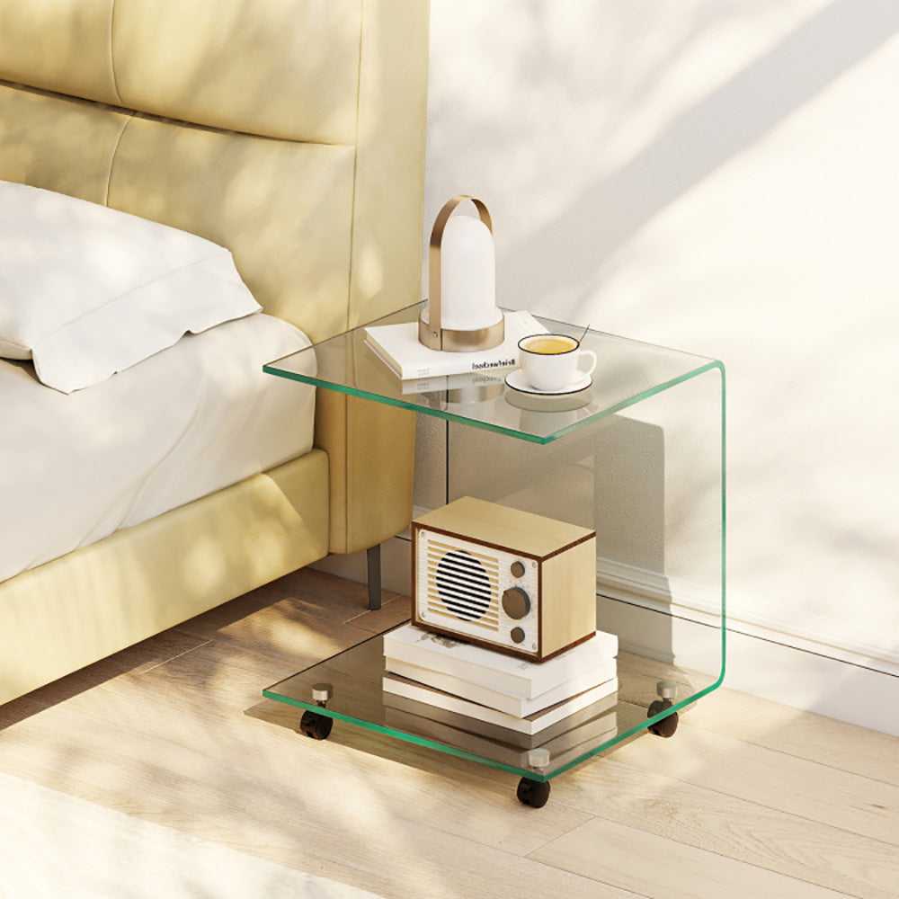 C Shaped End Table Modern Tempered Glass Side With Shelf 4 Swivel