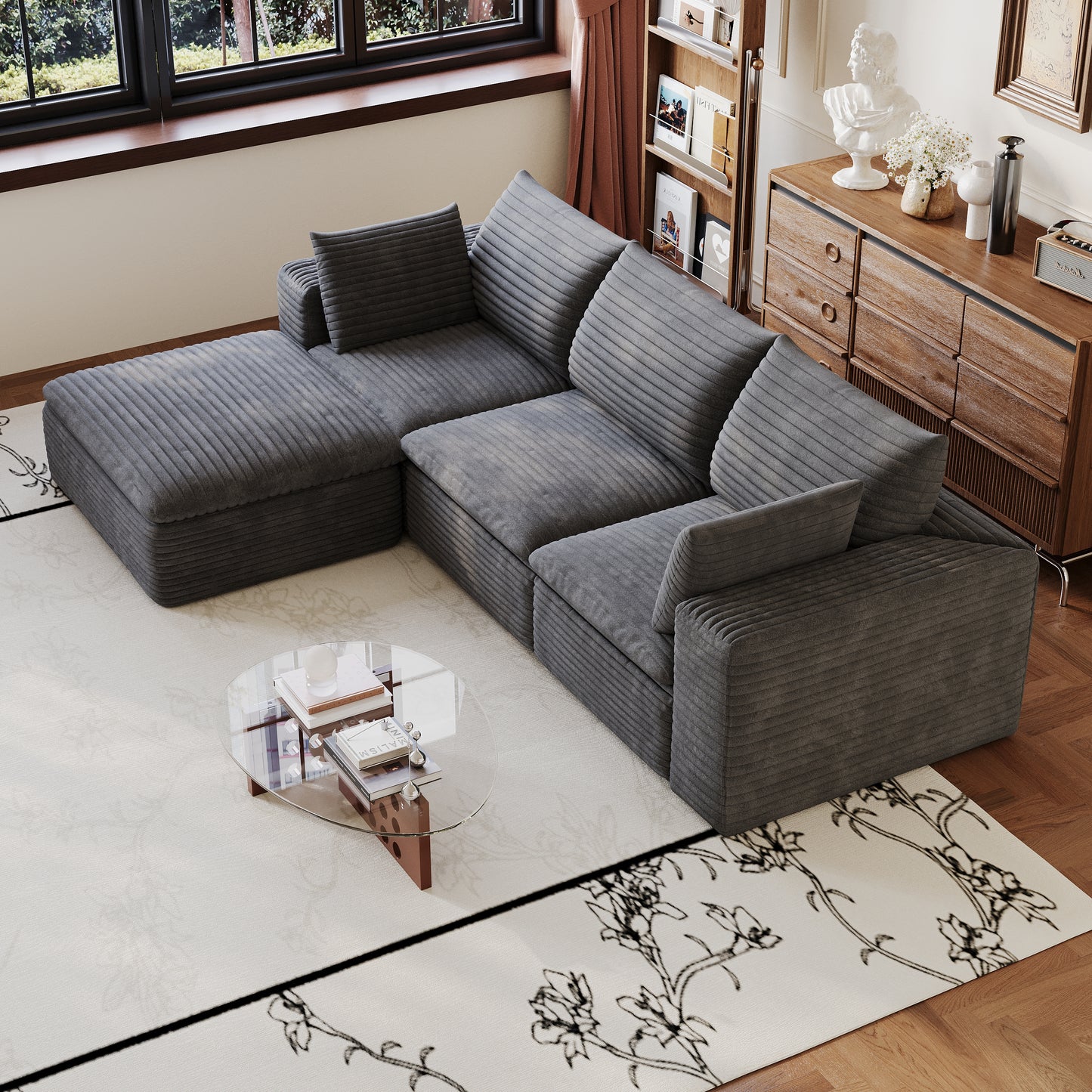 102" Cloud Sofa - Deep Seat Corduroy Fabric, Removable Cushion, Dark Grey