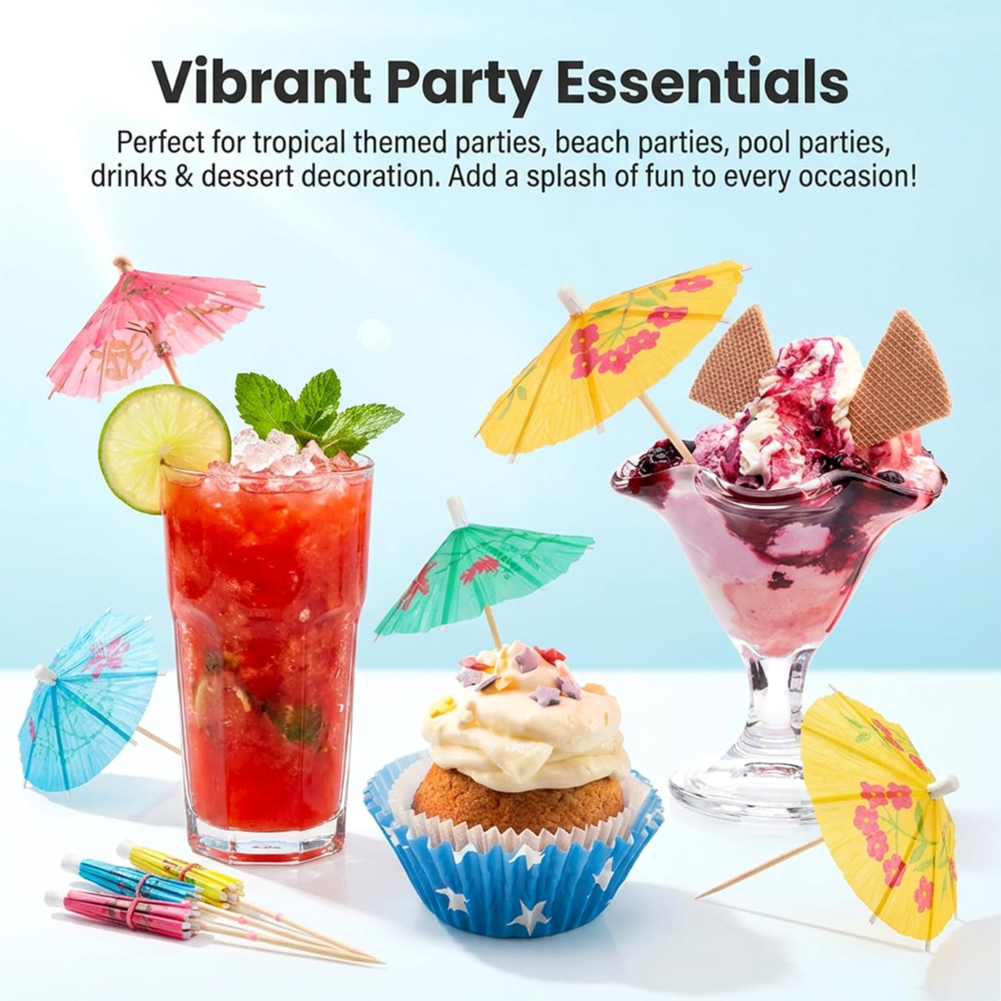 Colorful Umbrella Toothpicks - 50 Tropical Cocktail Picks