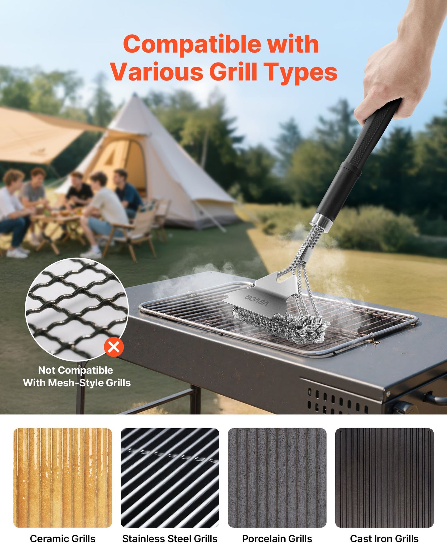Stainless Steel Bristle-Free Grill Brush & Scraper - Heavy Duty BBQ Cleaner, 17 Inch