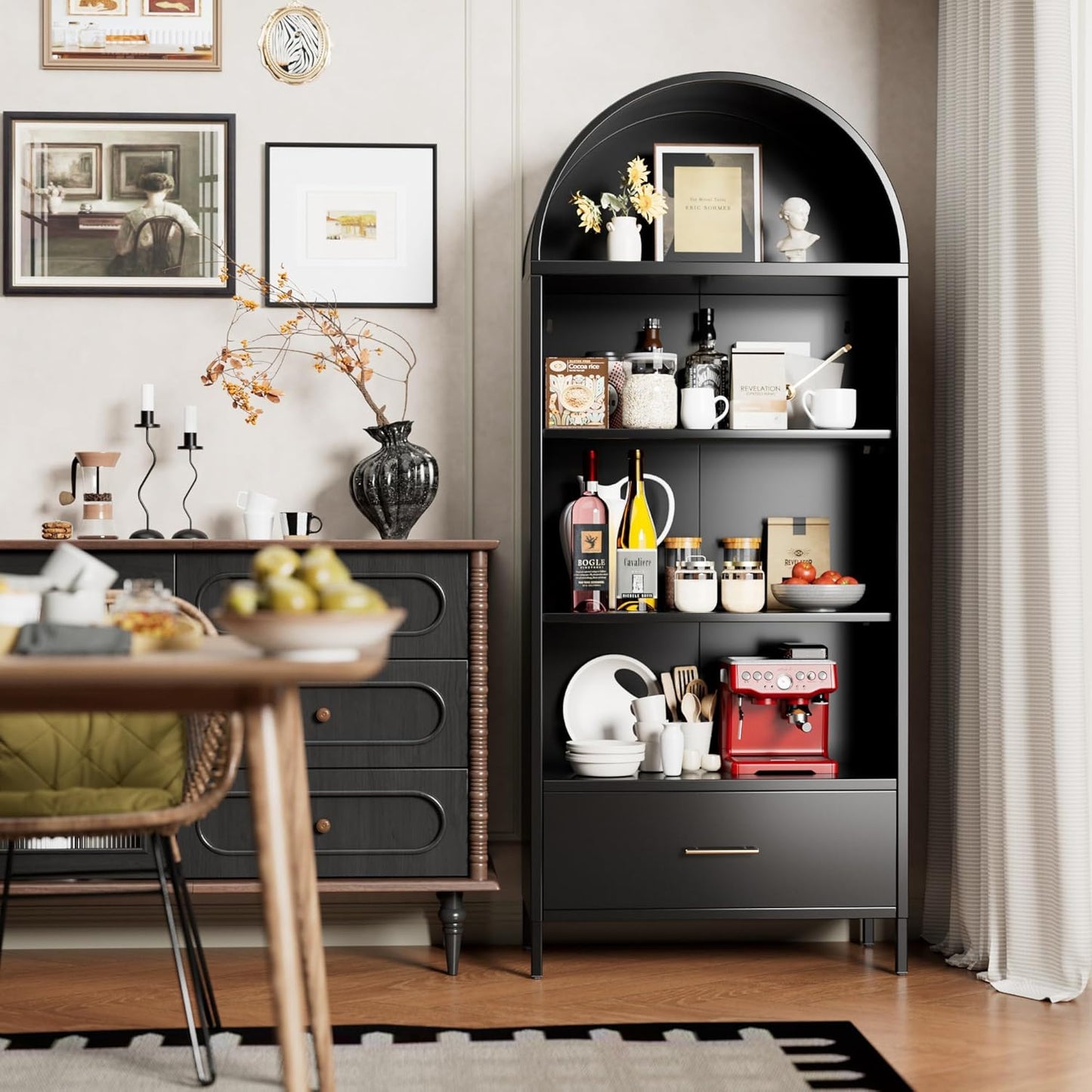 Metal Arched Bookshelf Cabinet with Drawer - Black Kitchen Storage
