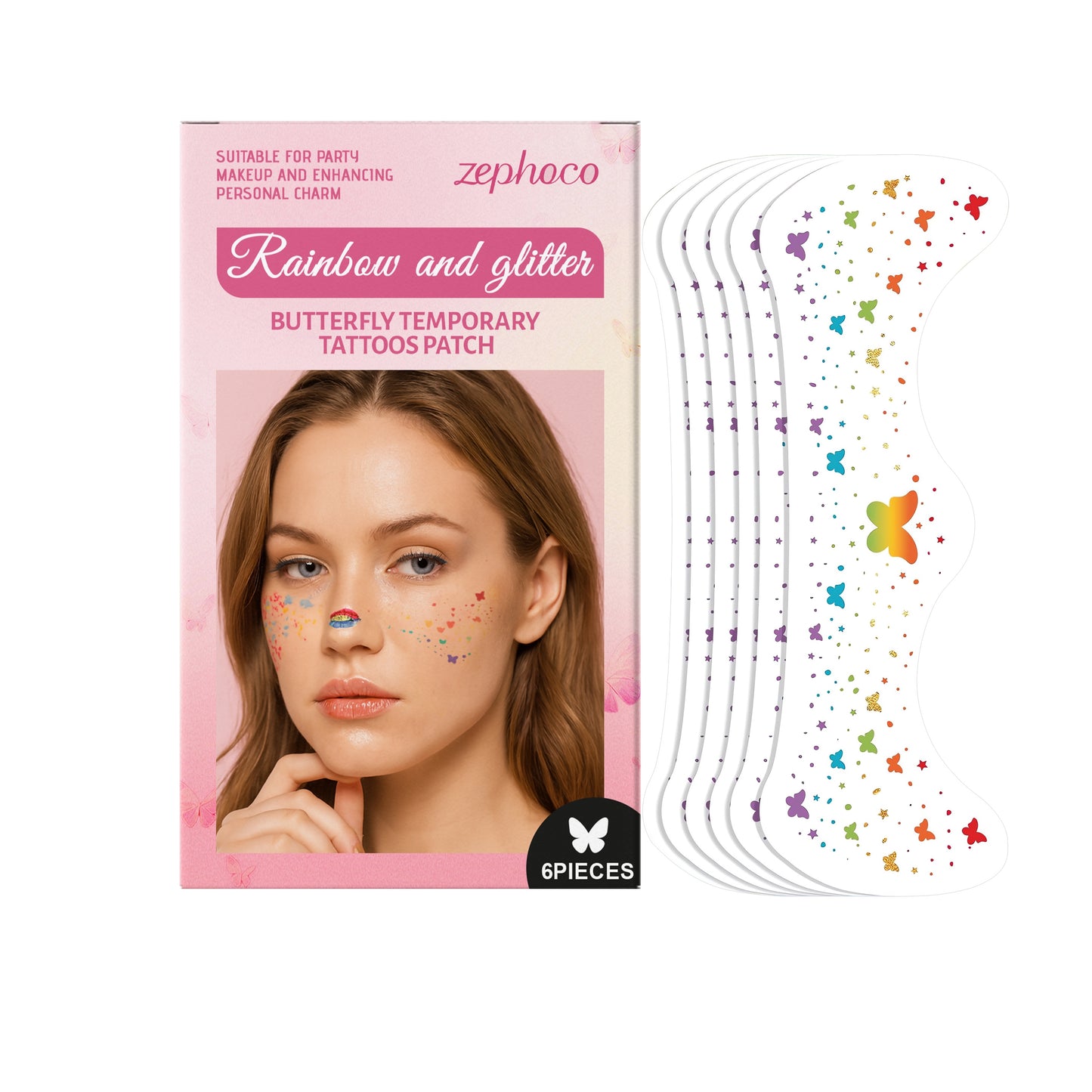 Rainbow & Glitter Butterfly Temporary Tattoos Set - 6 Pieces Body Art