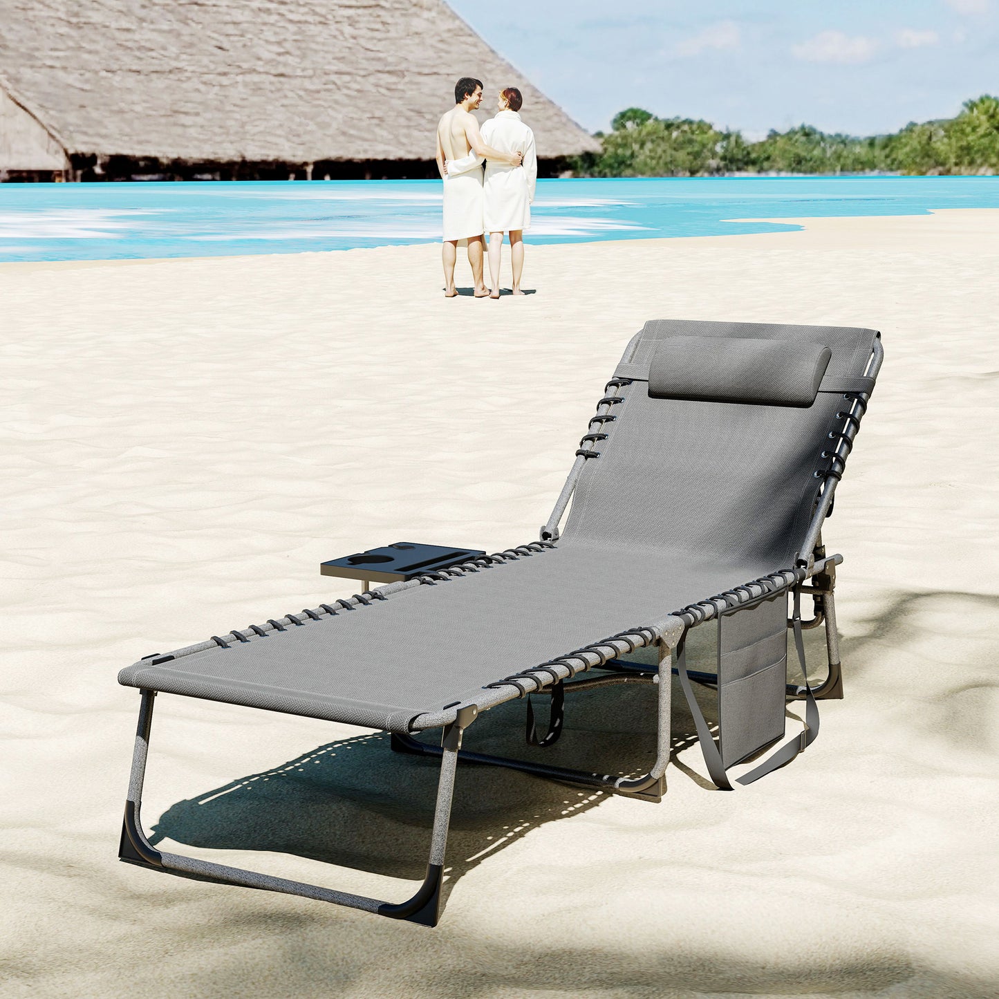 Folding Outdoor Chaise Lounge Chair with Side Table & Pillow - Gray