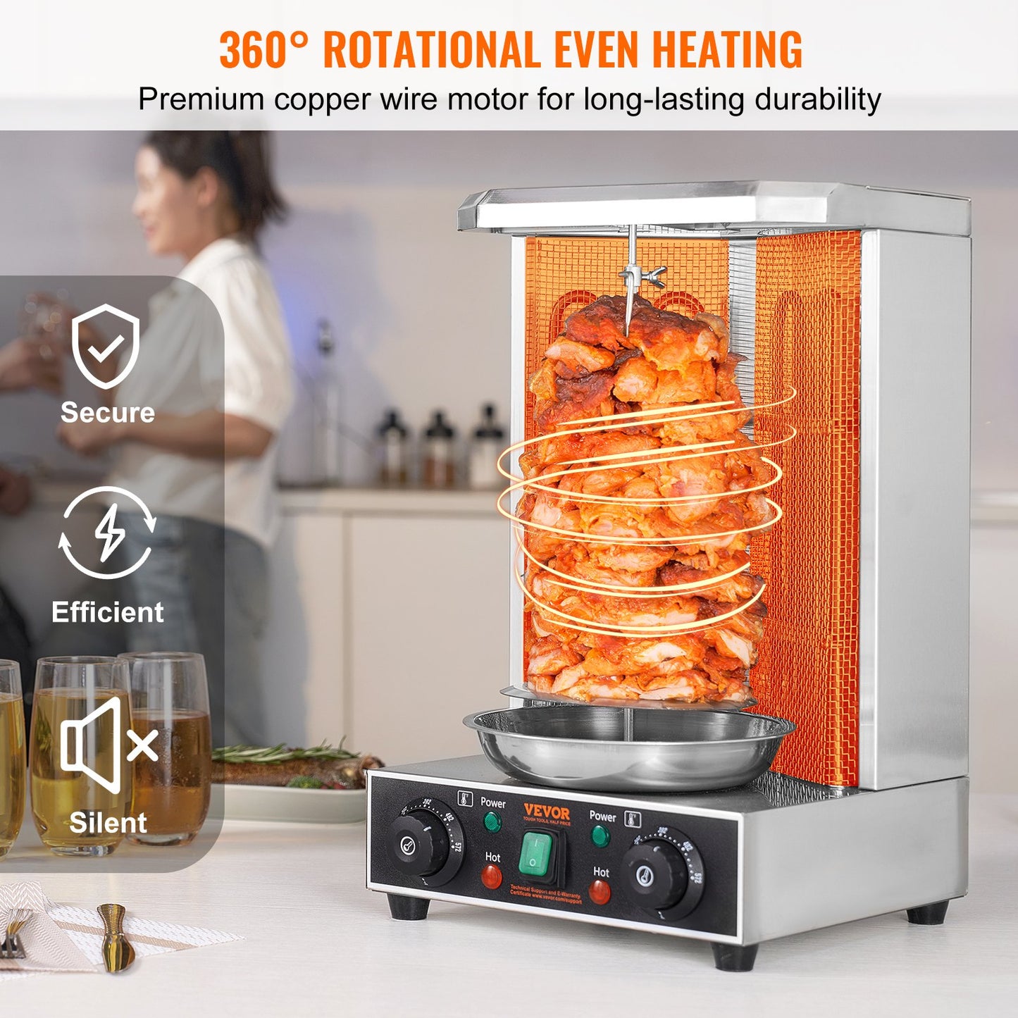 Electric Shawarma Grill Machine with 13L Capacity & Dual Burners - Silver