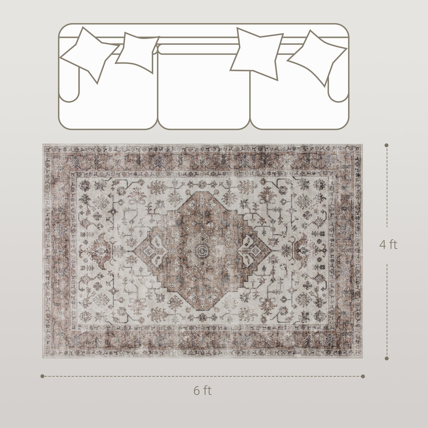 4x6 Vintage Machine Washable Area Rug - Non-Slip Brown Carpet